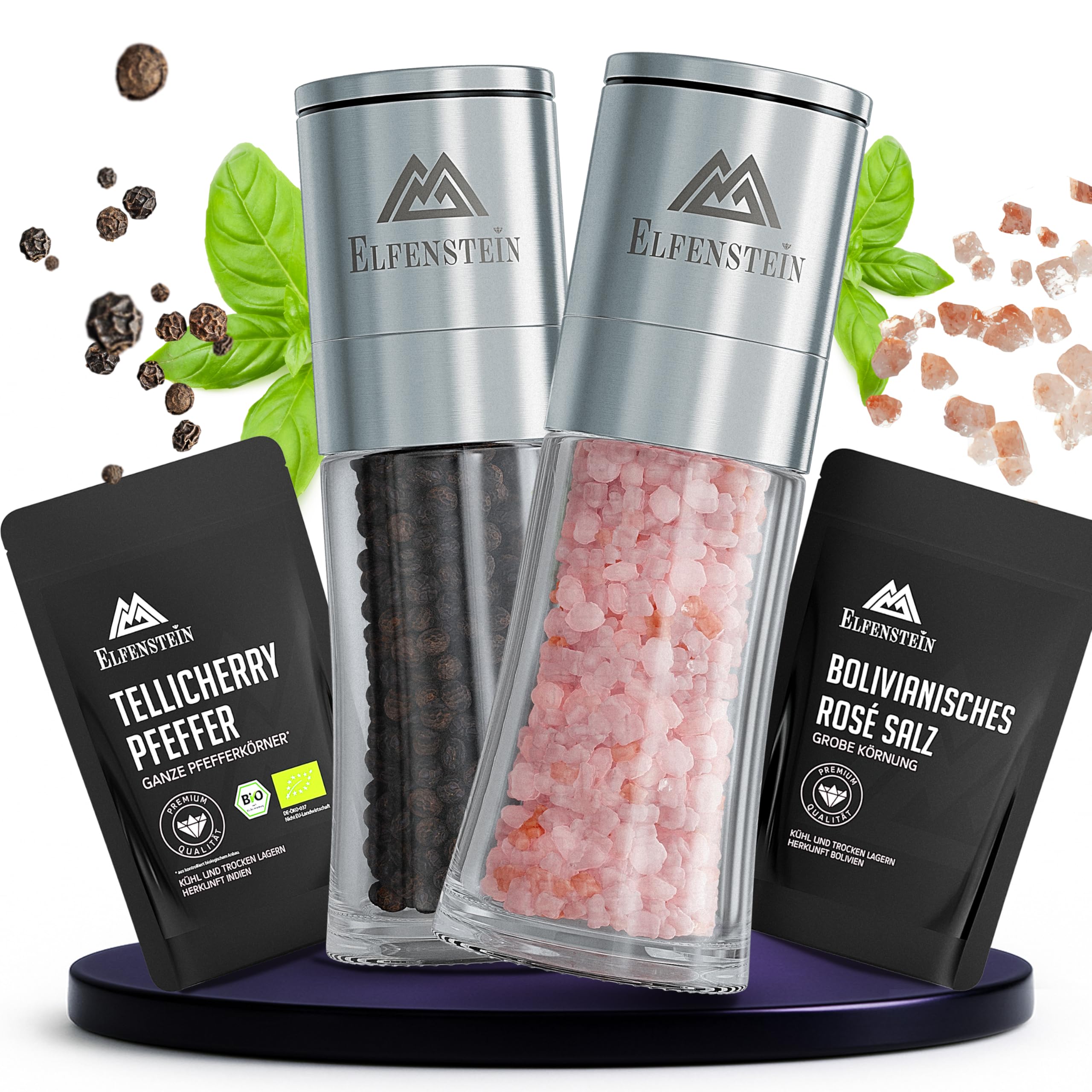 ELFENSTEIN Salz und Pfeffermühle - inkl Gourmet-Gewürze - Pfeffer und Salzmühle mit BIO Tellicherry Pfeffer und bolivianisches Rosé Salz
