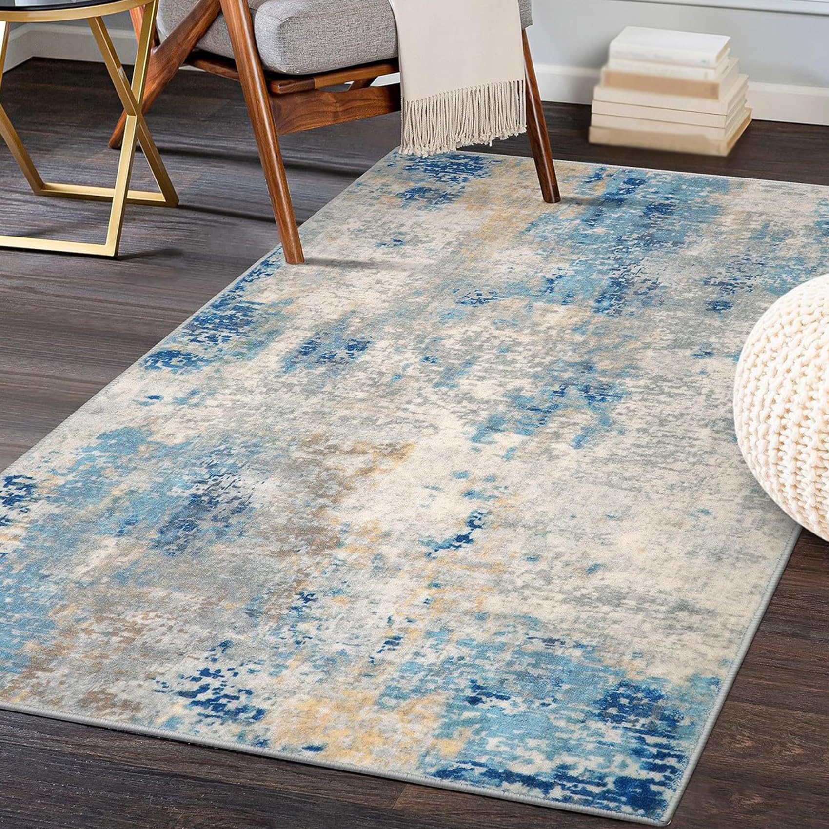 Tapis lavable et antidérapant à poils ras moderne bleu et gris 100x180