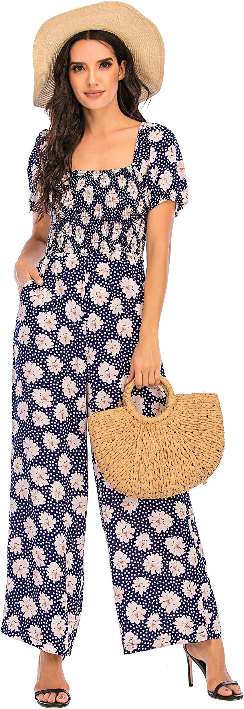 Love Welove Fashion Summer Jumpsuits for Women 2025 Floral Dressy Casual Loose Wide Leg Short Sleeve One Piece Romper Outfits