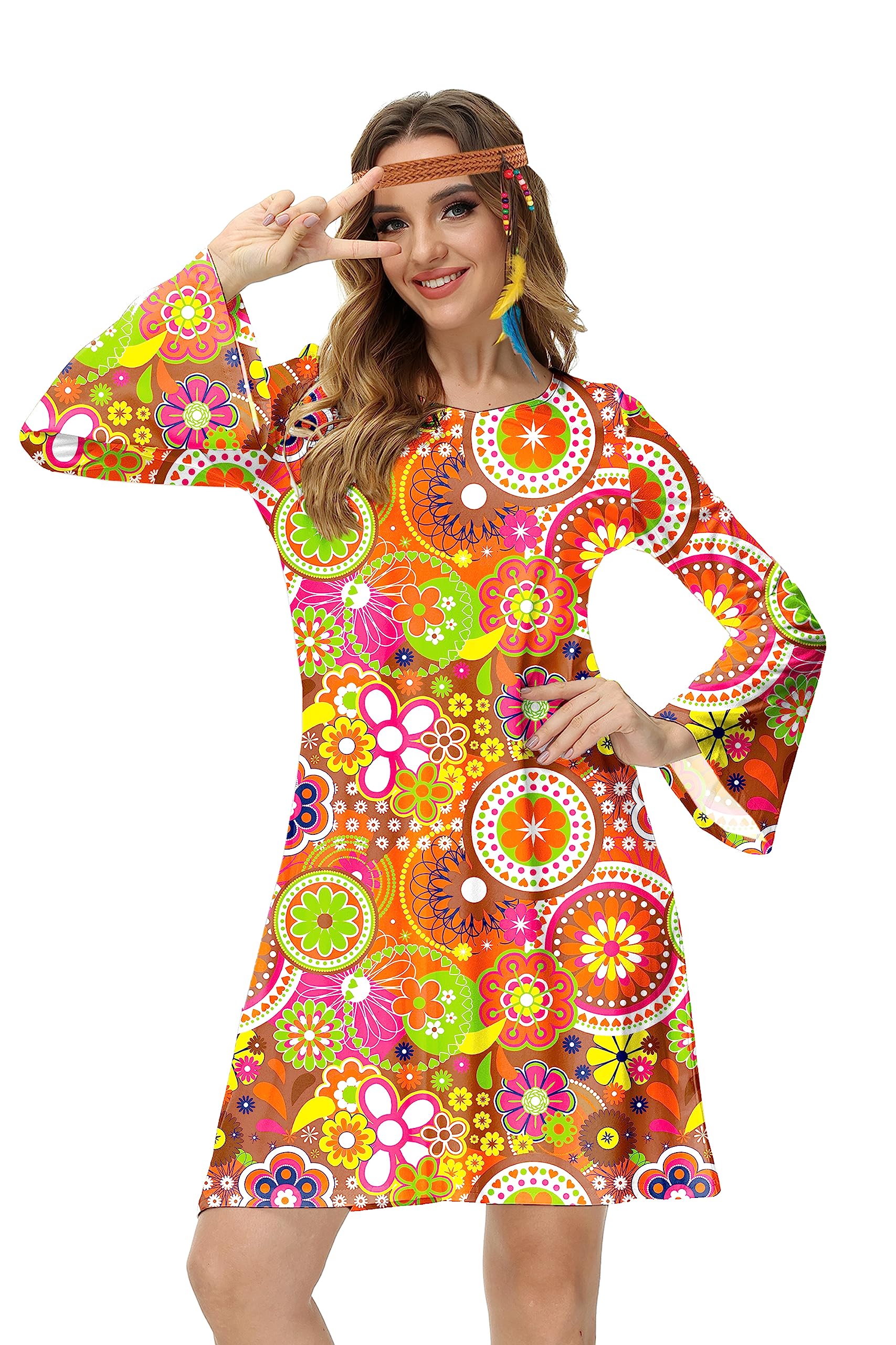 Deerose Ladies 70s Flare Dress Hippie Costume Women Disco Party Gogo Dresses  XL Orange : Buy Online at Best Price in KSA