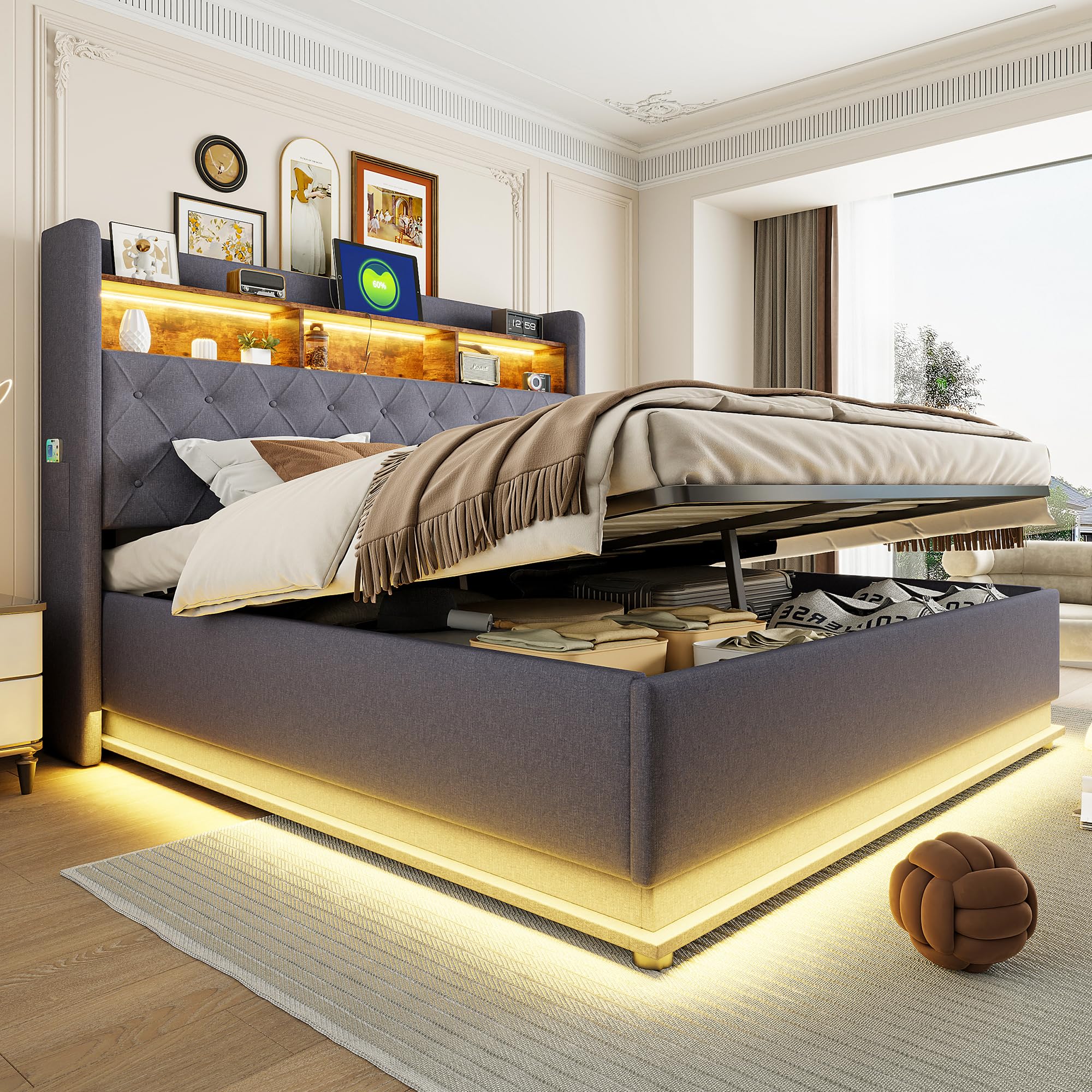 Kebnor - Letto imbottito con LED, letto imbottito con spazio di archiviazione e presa USB e spazio di archiviazione idraulico, tessuto di lino amichevole per la pelle (grigio, 180 x 200 cm)