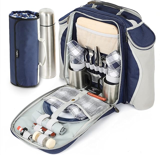 Greenfield Collection 2 Person Deluxe Picnic Set Rucksack With Flask With Matching Picnic Blanket; Picnic Hamper Includes Cutlery Set; Perfect Waterproof Coolbag Backpack for Outdoors - Navy