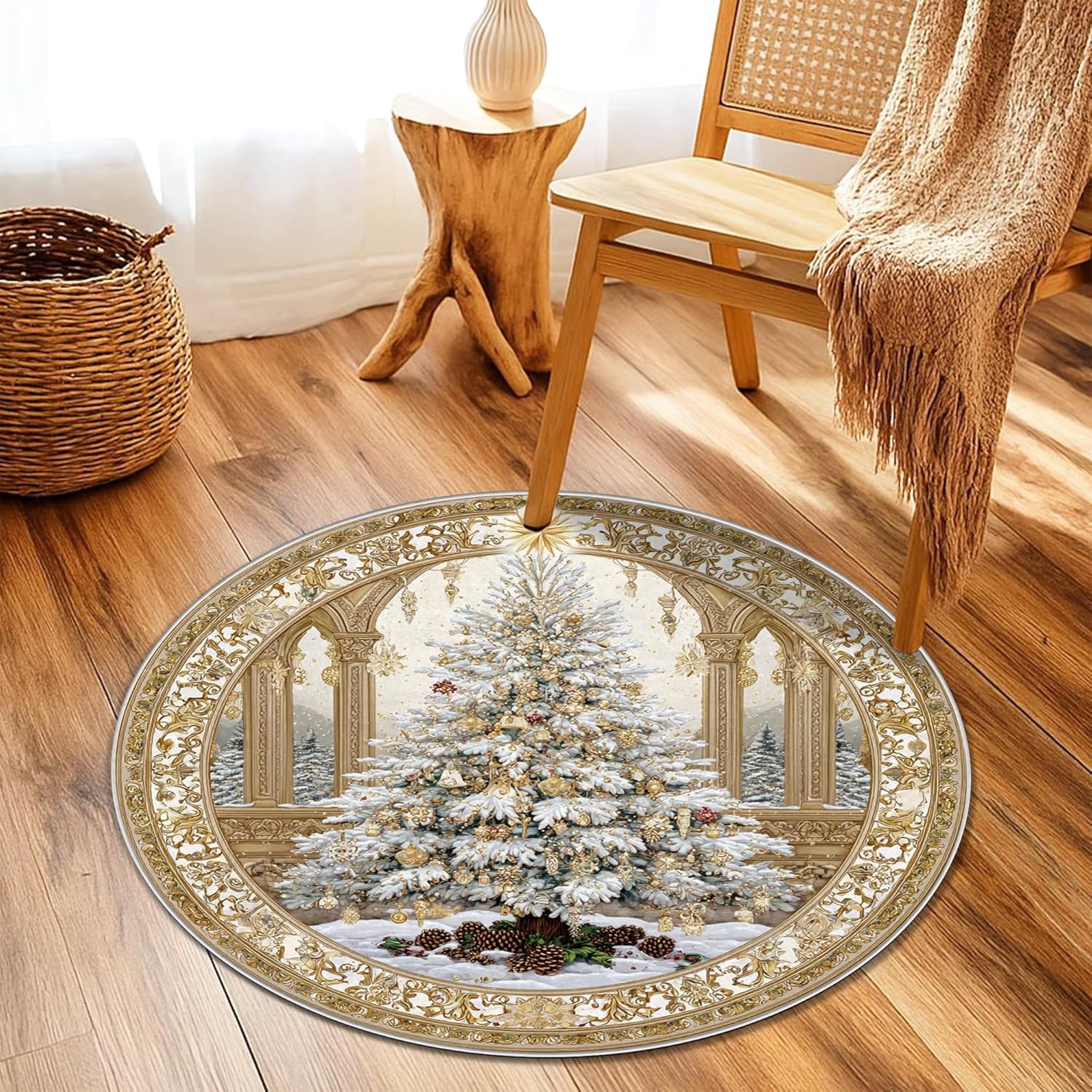 Christmas Tree Area Rug, Xmas Traditional Pinecones Ornaments Gold Non-Slip Backing Doormat Round Throw Rug Stain Resistant Bathroom Entryway Bedside Doorway Decor 3' X 3'