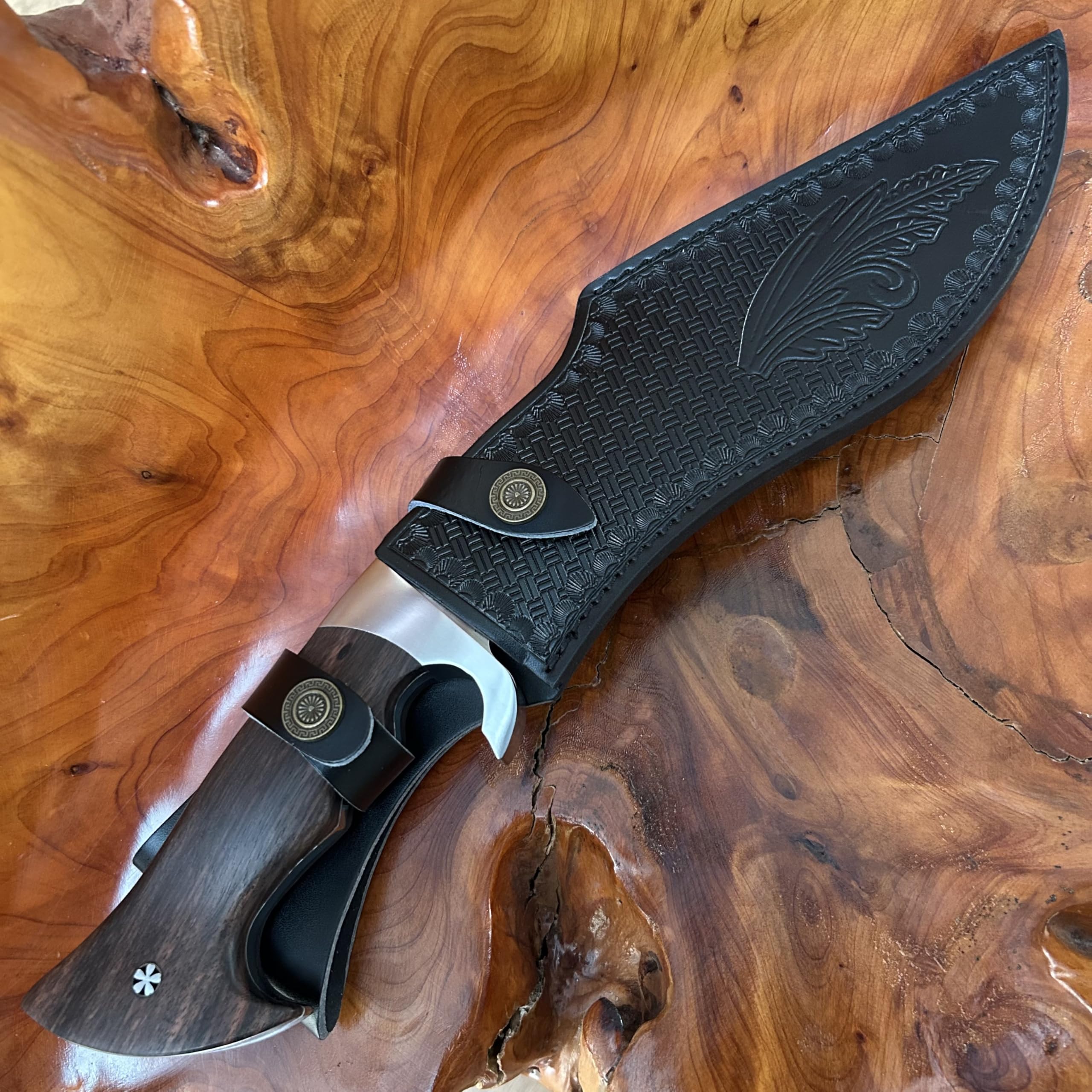 39cm【peso coltello 0.77kg】 machete pesante - Tang completo 60HRC Lama in acciaio ad alto tenore di carbonio Manico in legno di ebano Con fodero in pelle di mucca