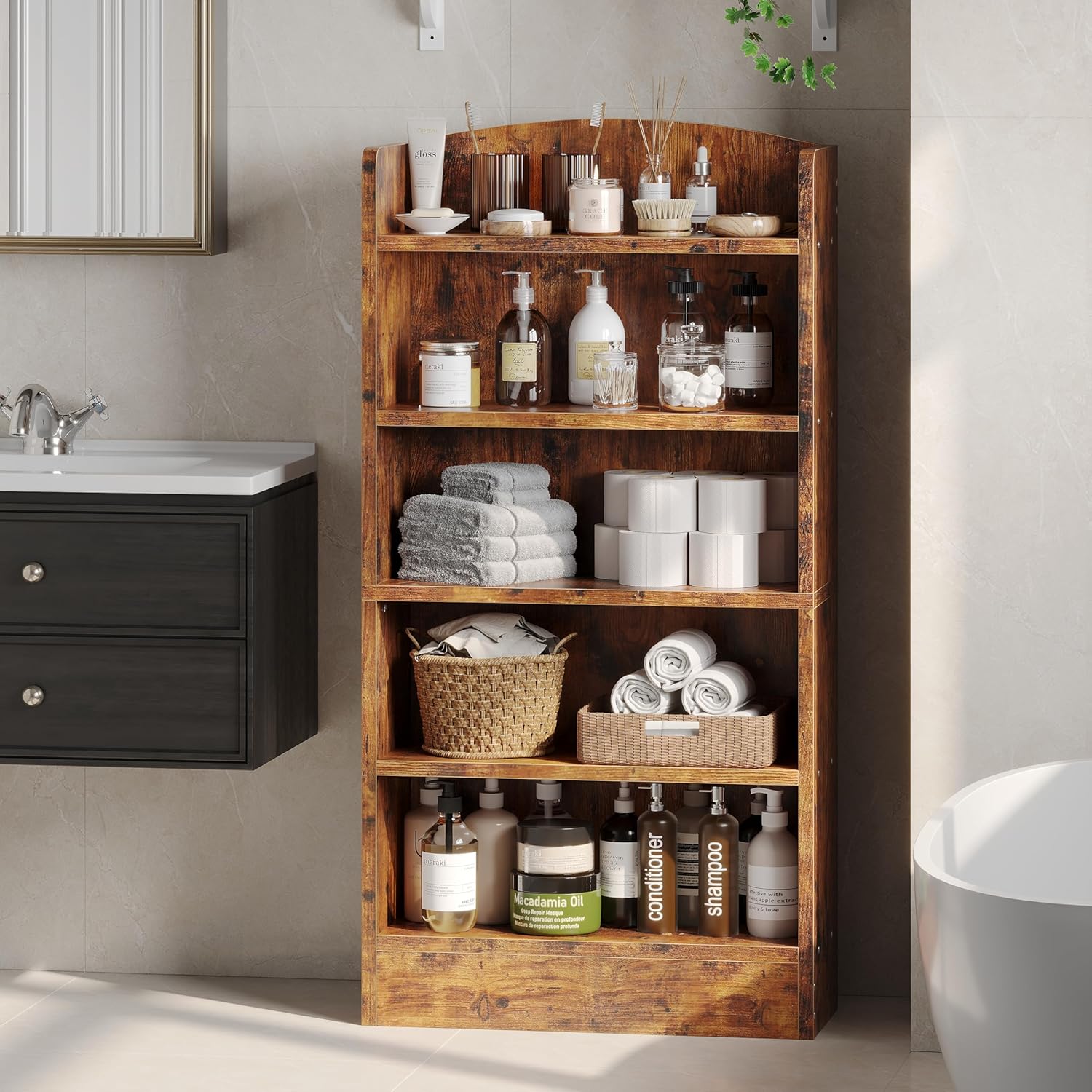 ALISENED 5-Tier Bookcase, Open Bookshelves and Bookcases with Storage Shelves, Floor Standing Unit, Display Storage Shelves for Bedroom Library Living Room Home Office, Brown