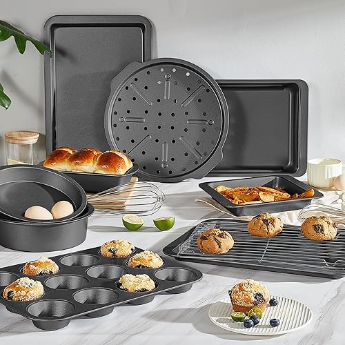 Miniatura 9 de HONGBAKE Juego de utensilios para hornear, juego de moldes para hornear, sartén antiadherente para horno de cocina con agarres más anchos, 10 piezas