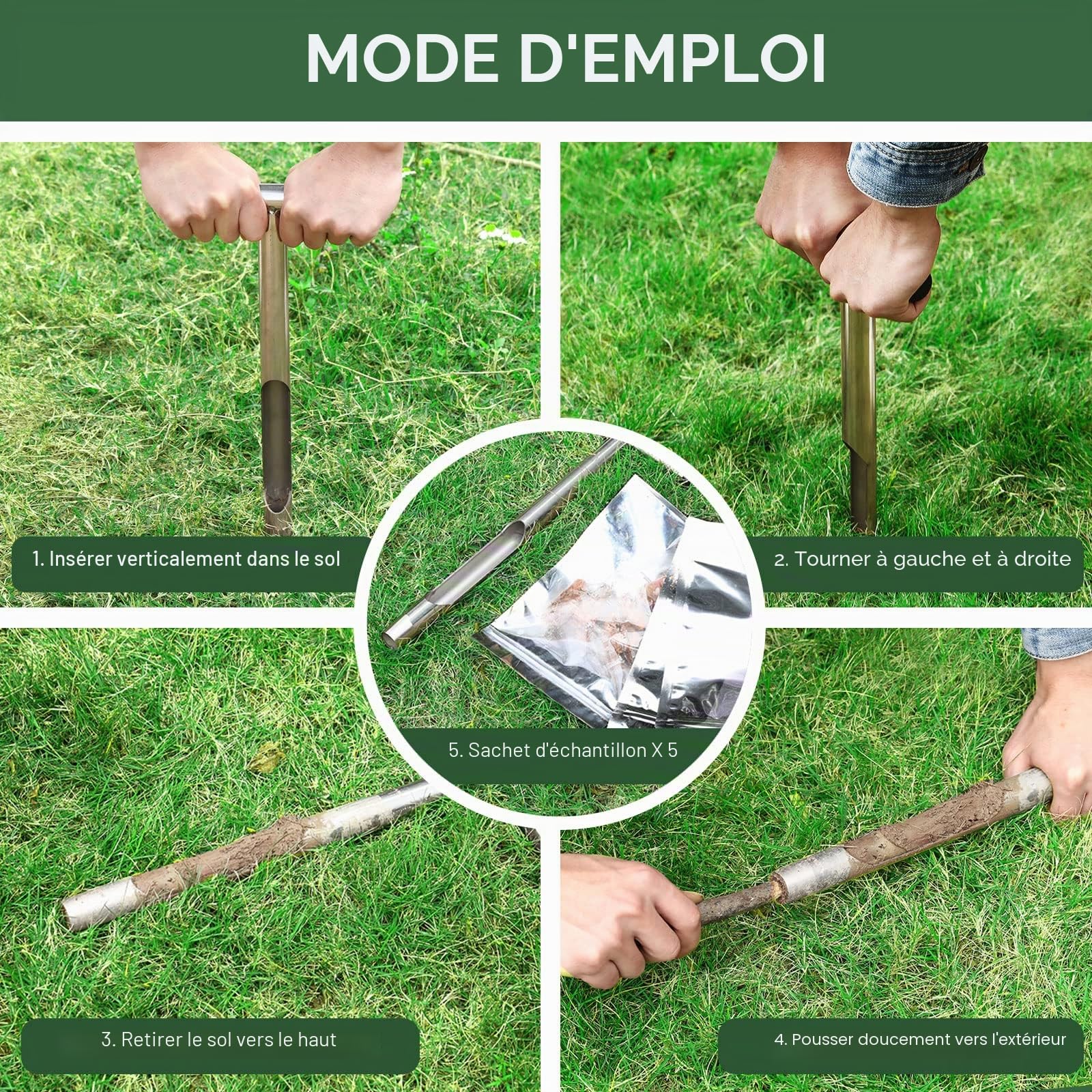Housolution Sondes pour Échantillons de Sol, 35 cm Outil d'Échantillonnage de Sol en Acier Inoxydable avec 5 Sacs d'Échantillons, Kit de Test de Sol à Poignée en T pour Pelouse Ferme Jardin, Argent