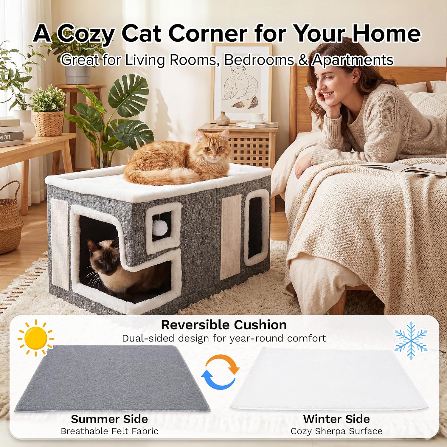PatiencET Cat House for Indoor Cats Large Size with Scratch Pads | 23 in apartment cat condo with top lounge lower cave scratch pads washable cushion and fur glove for easy cleanup