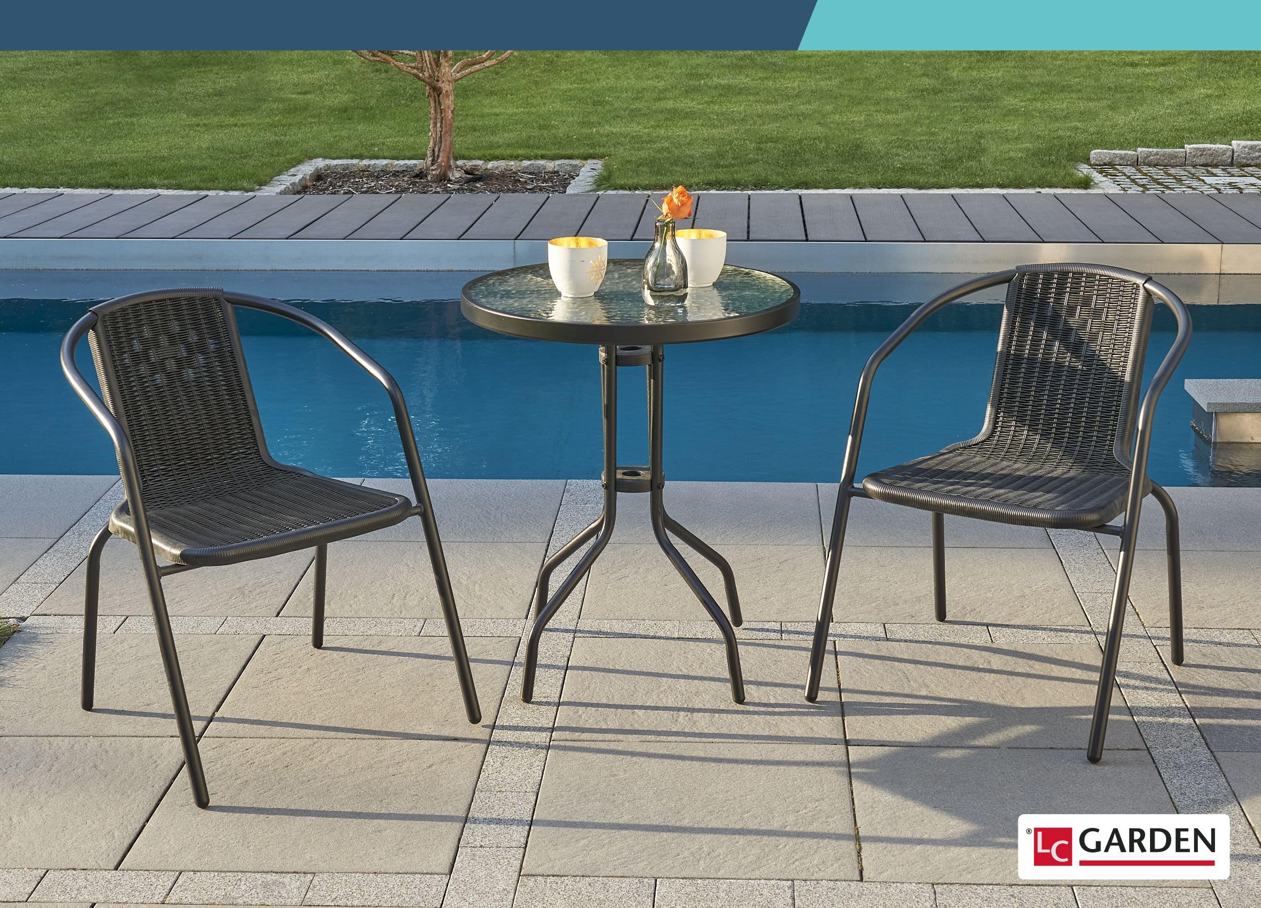 LC Garden Garvista 4er Stuhl Set Bistrostuhl Stapelstuhl, Gartenstuhl, Terassenstuhl, stapelbarer Armlehnstuhl mit Metallgestell in schwarz und Polyrattangeflecht