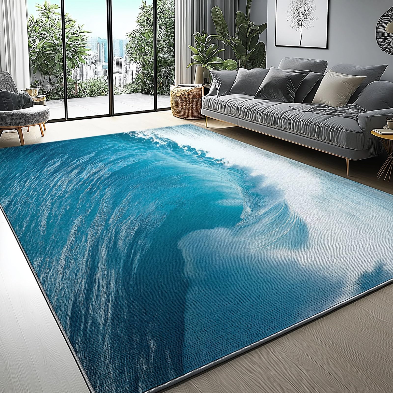 Nature Tapis de Salon, Bleu Antidérapant Lavable en Machine Tapis Flanelle Douce, Moquette Motif Flots pour Chambre Bureau Cuisine Decoration, 150x210 cm