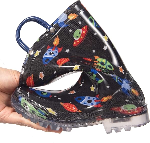 Close-up of HugRain light-up rain boots showing the colourful LED design.