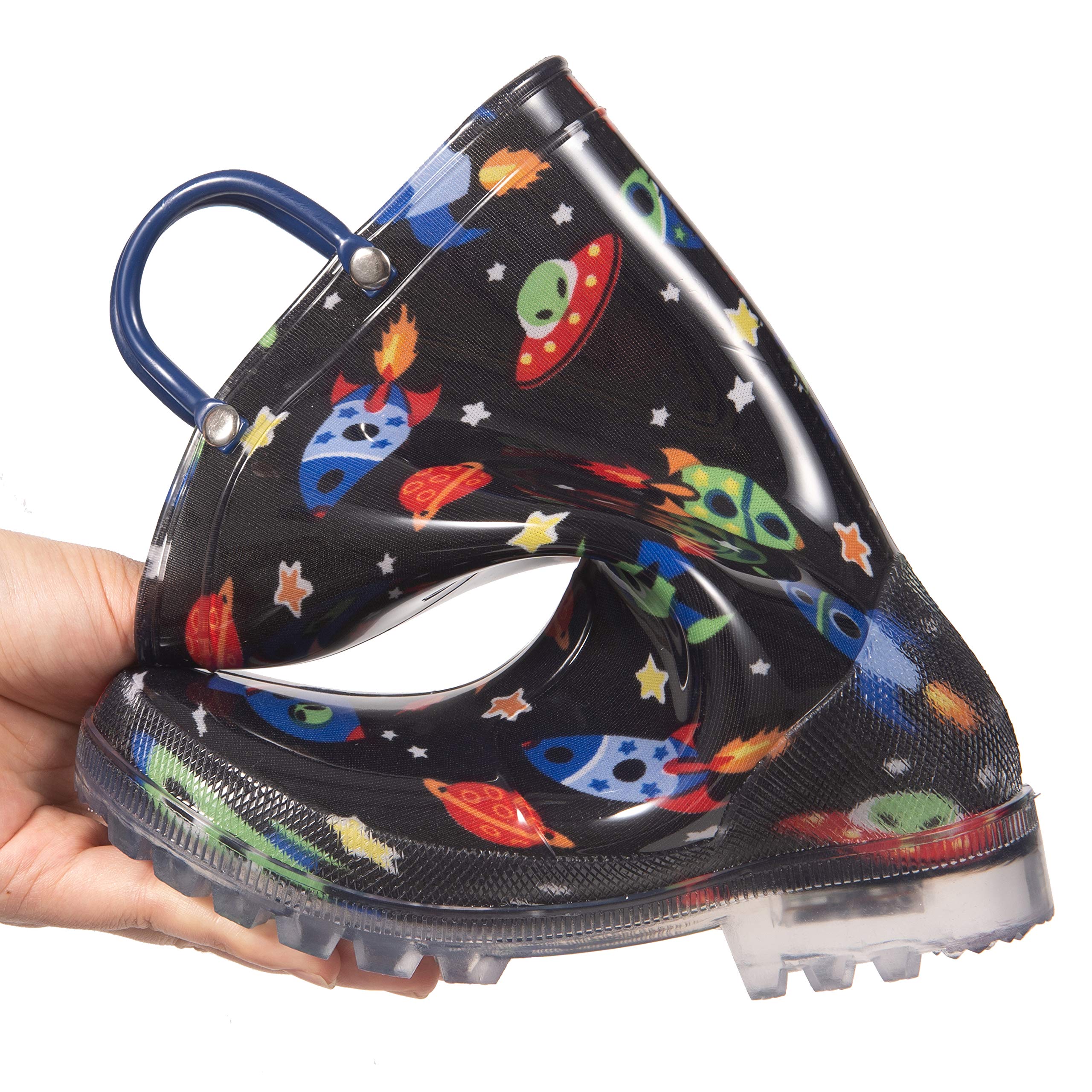 Close-up of HugRain light-up rain boots showing the colourful LED design.
