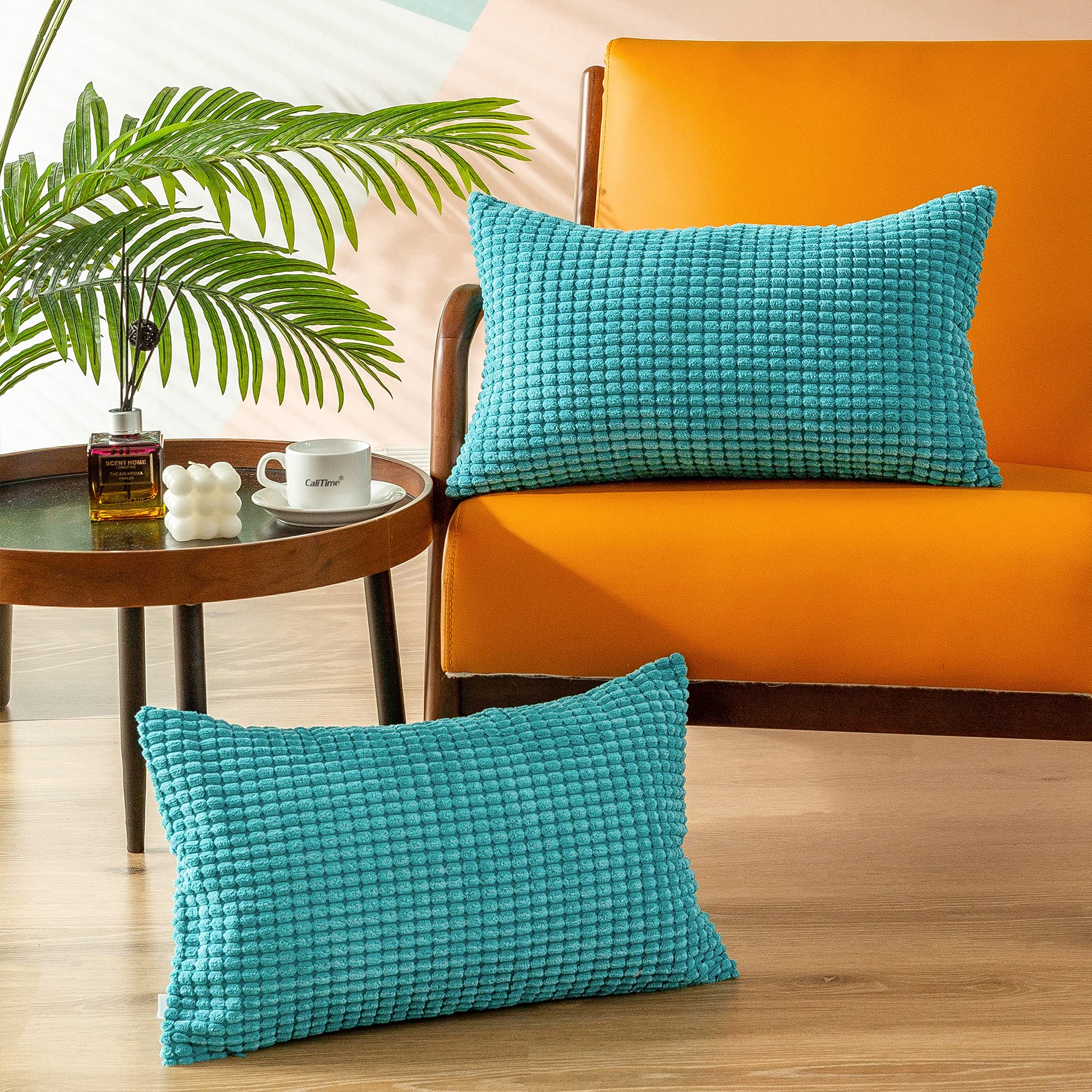 CaliTime Pack of 2 Comfy Bolster Pillow Covers Cases for Couch Sofa Bed Comfortable Supersoft Corduroy Corn Striped Both Sides 30cm x 50cm Lake Blue — image 1