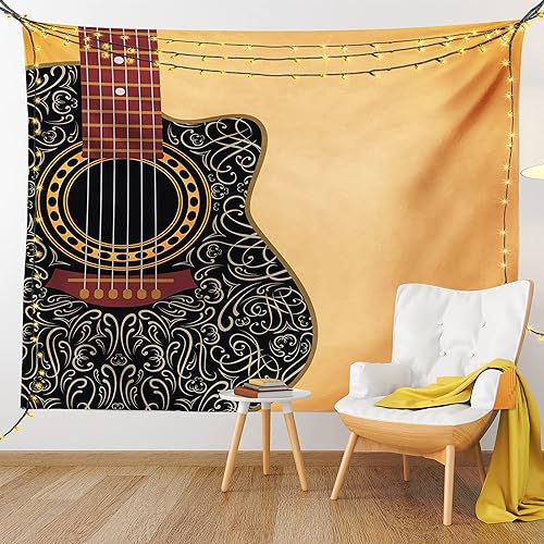 Ambesonne Tapiz de guitarra, guitarra recortada con adornos folclóricos florales vintage, pasatiempos de músicos, colgar en la pared ancha para