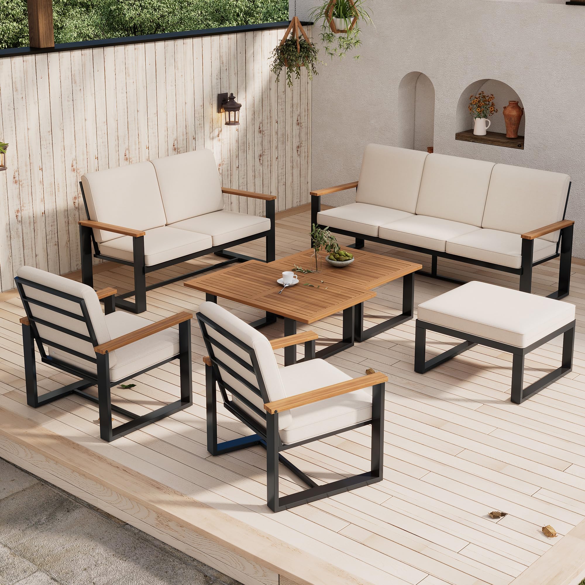 Oslghy Conjunto Jardín Exterior, Salón de Jardín, Conjunto Muebles de jardín, Mueble Conjunto de Patio con Sofá de 3 Plazas, Sofá Doble, 2 Sillones, Mesa de Centro y Reposapiés (Beige)