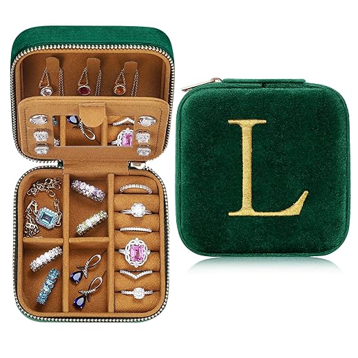 Parima Christmas Gifts for Women - Portable Small Green Initial Travel Jewelry Case Organizer Jewelry Box Travel Accessories Travel Essentials for Women Traveling Female Friends Teen Girls Idea L