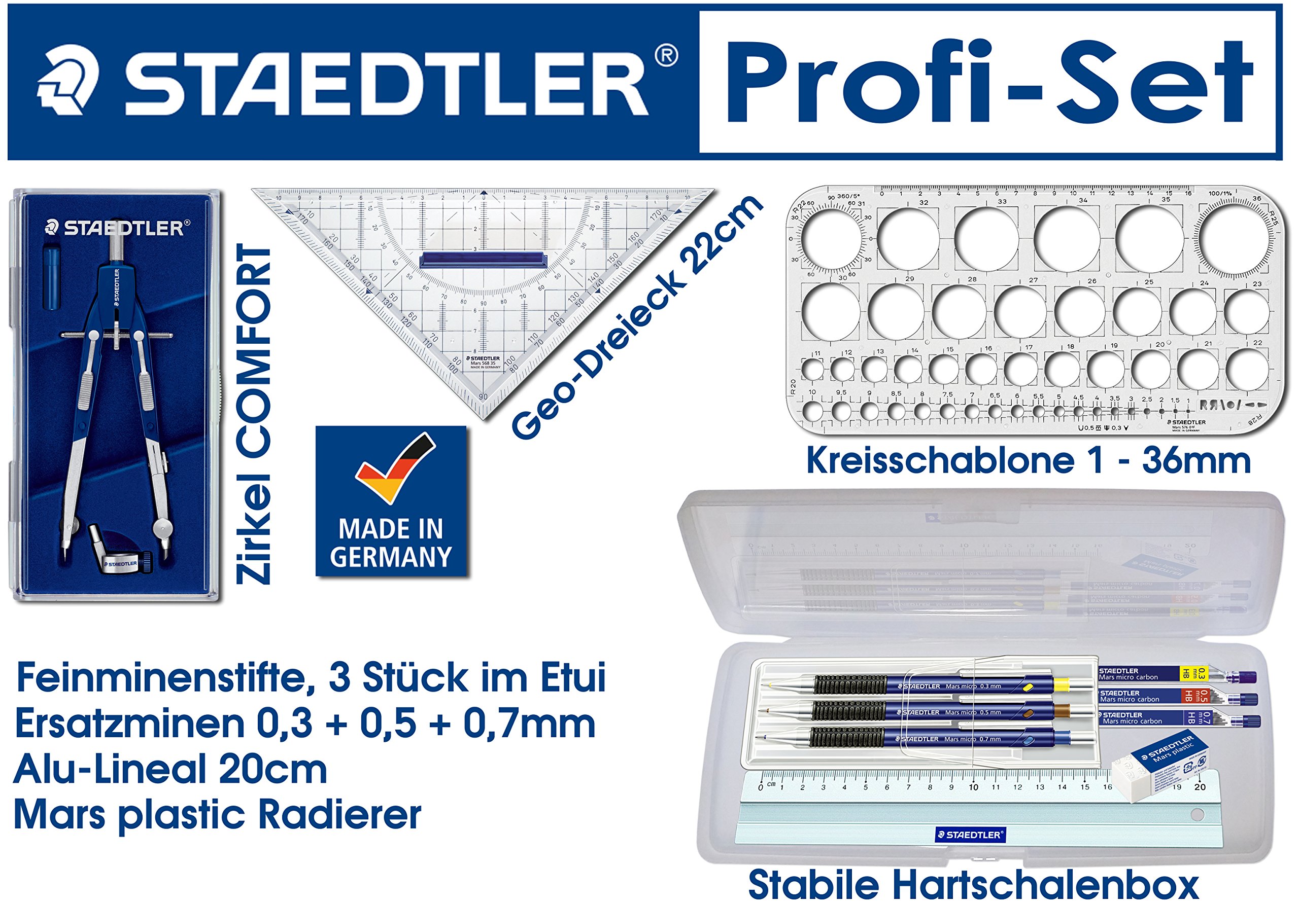 Staedtler Mars Comfort, Zeichenset (Profi-Set) | Zirkel Set, Kreisschablone, Geodreieck, Druckbleistifte Set, Ersatzminen, 20cm Alu-Lineal, Radierer und Box für die Schreibgeräte
