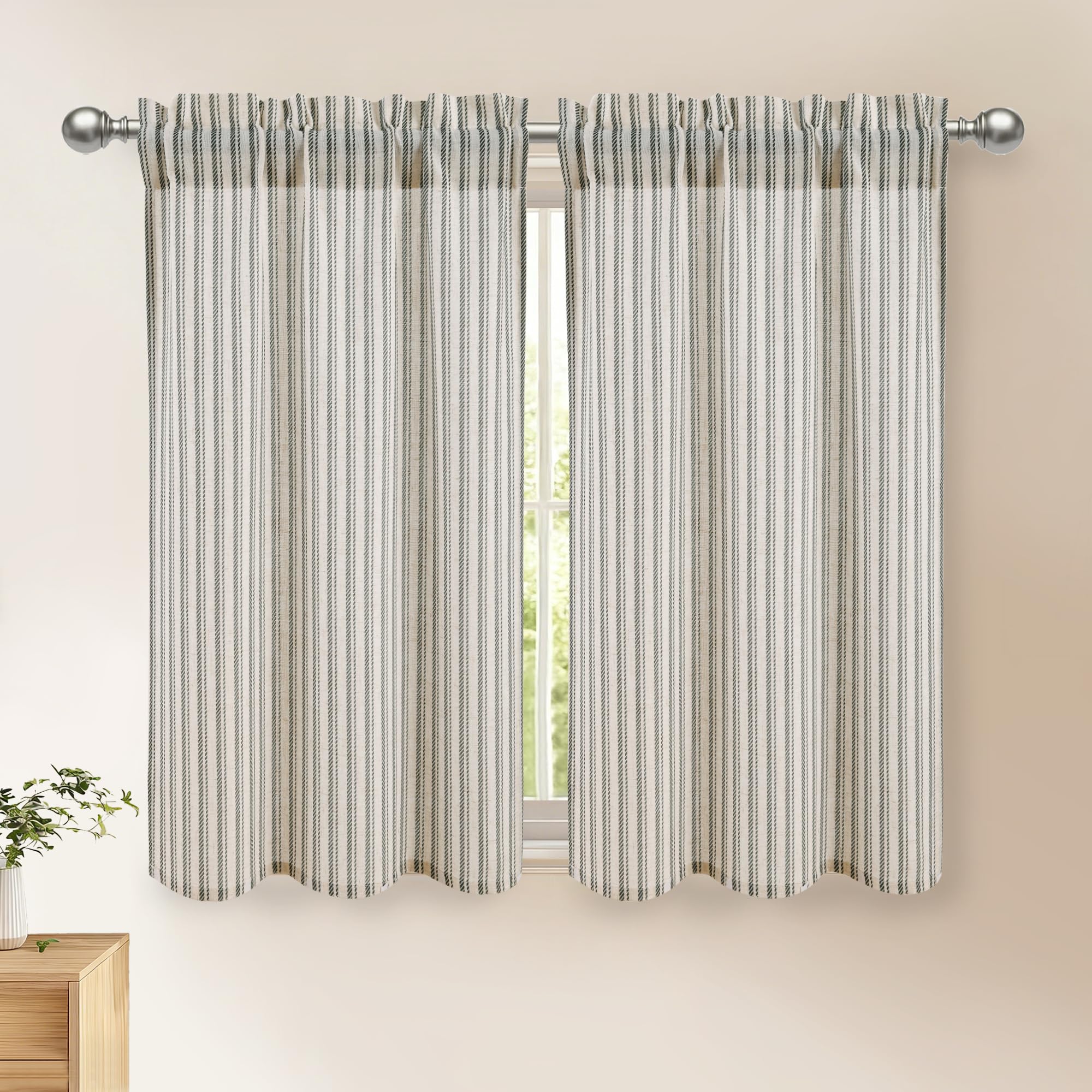 DWCN Grey Striped Kitchen Curtains 45 Inch Drop, Rod Pocket Small Window Curtains for Basement, Half Window, Cupboard Base, Short Cafe Curtain Tiers, W26 x L45, 2 Panels