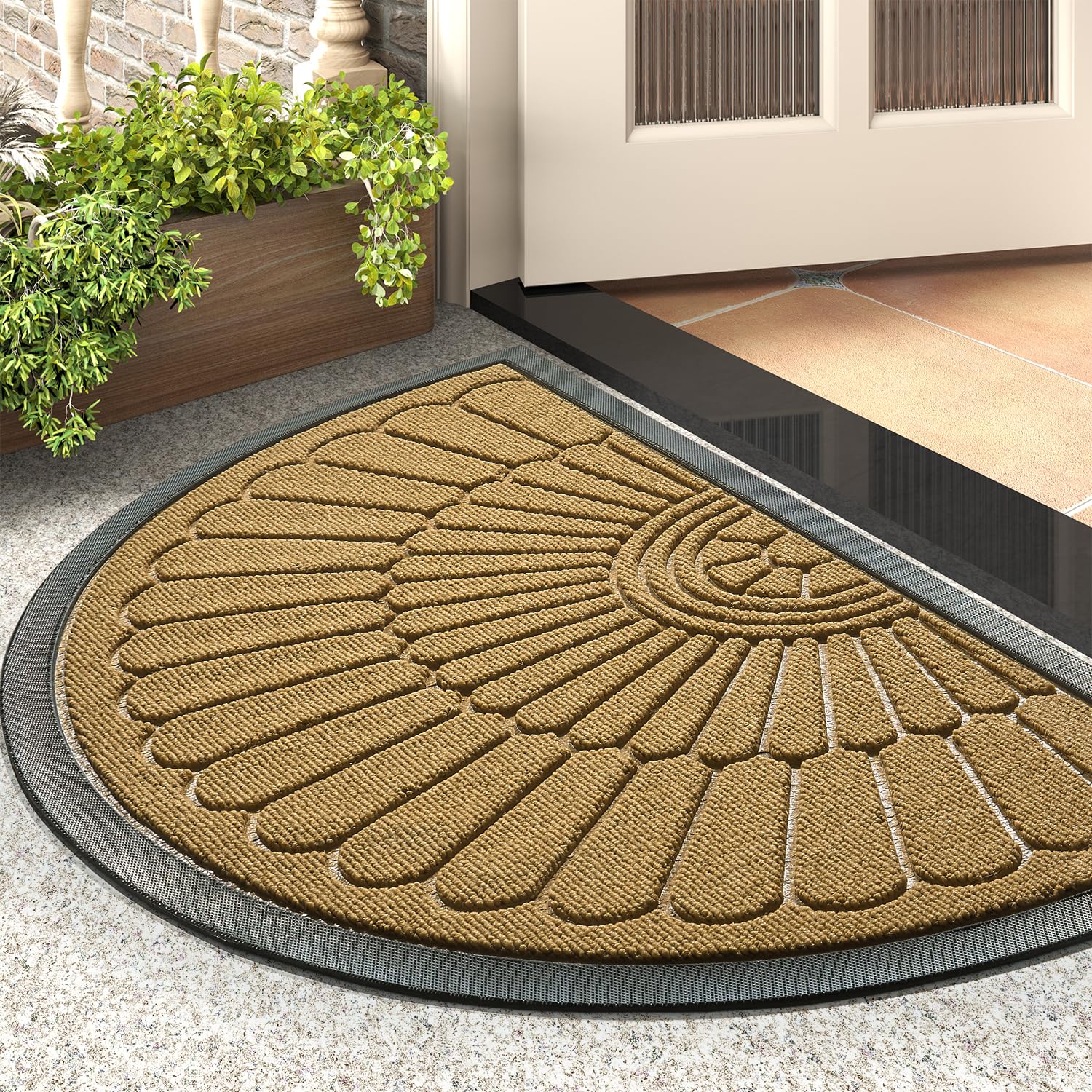 Tchdio Door Mat Outdoor Indoor Entrance Doormat-Semicircular Durable Rubber Non Slip Front Door Mat for Outside Inside Entry Entryway Dirt Trapper WelcomeMat for Muddy Paws and Shoes-Yellow 24”x36”