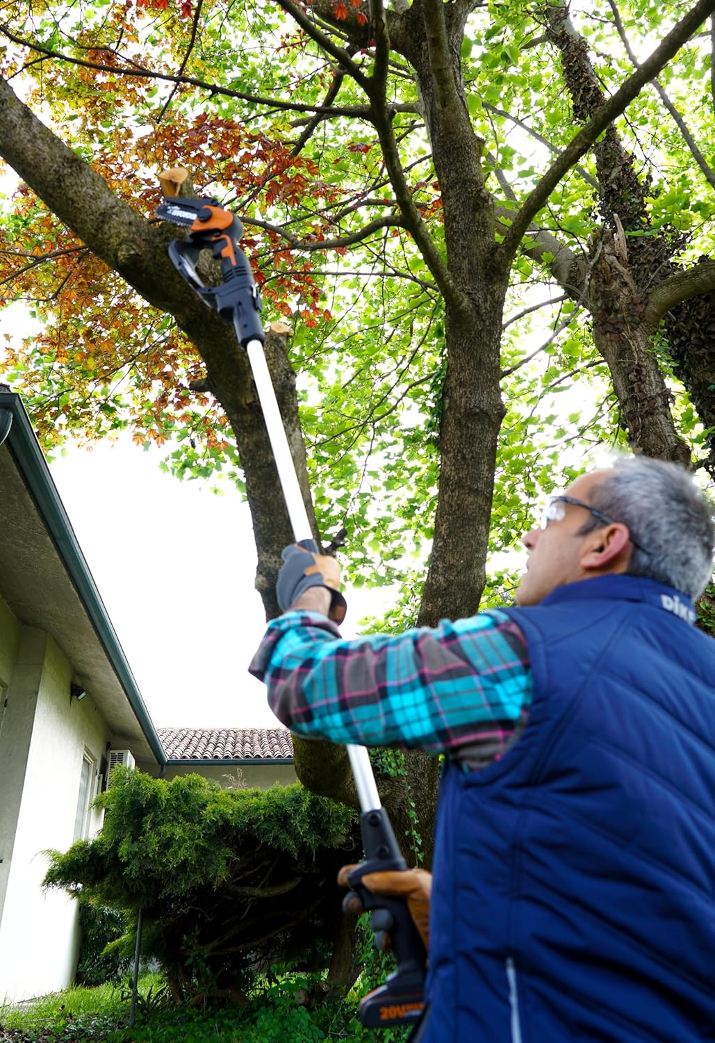 Person using WORX extension pole to prune high branches