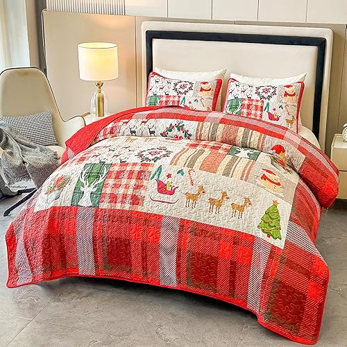 Miniatura 2 de Juego de edredón de Navidad, tamaño Queen, diseño de árbol de Navidad, copos de nieve, reno, retazos, juego de colcha de 3 piezas, reversible,