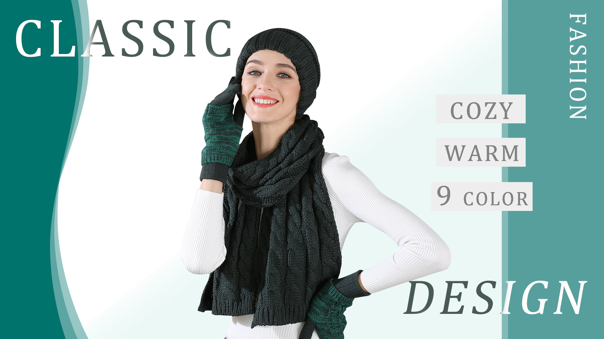 Warm Scarf Glove Hat Beanie Set- 3Pcs Cable Knit Cashmere Winter