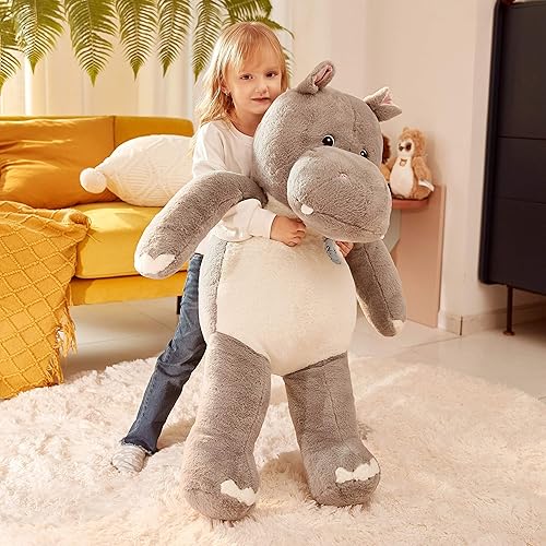 Miniatura 6 de IKASA Animal de peluche gigante de hipopótamo, juguete de peluche jumbo de 30 pulgadas, suave y lindo para niños, niños y niñas (gris)
