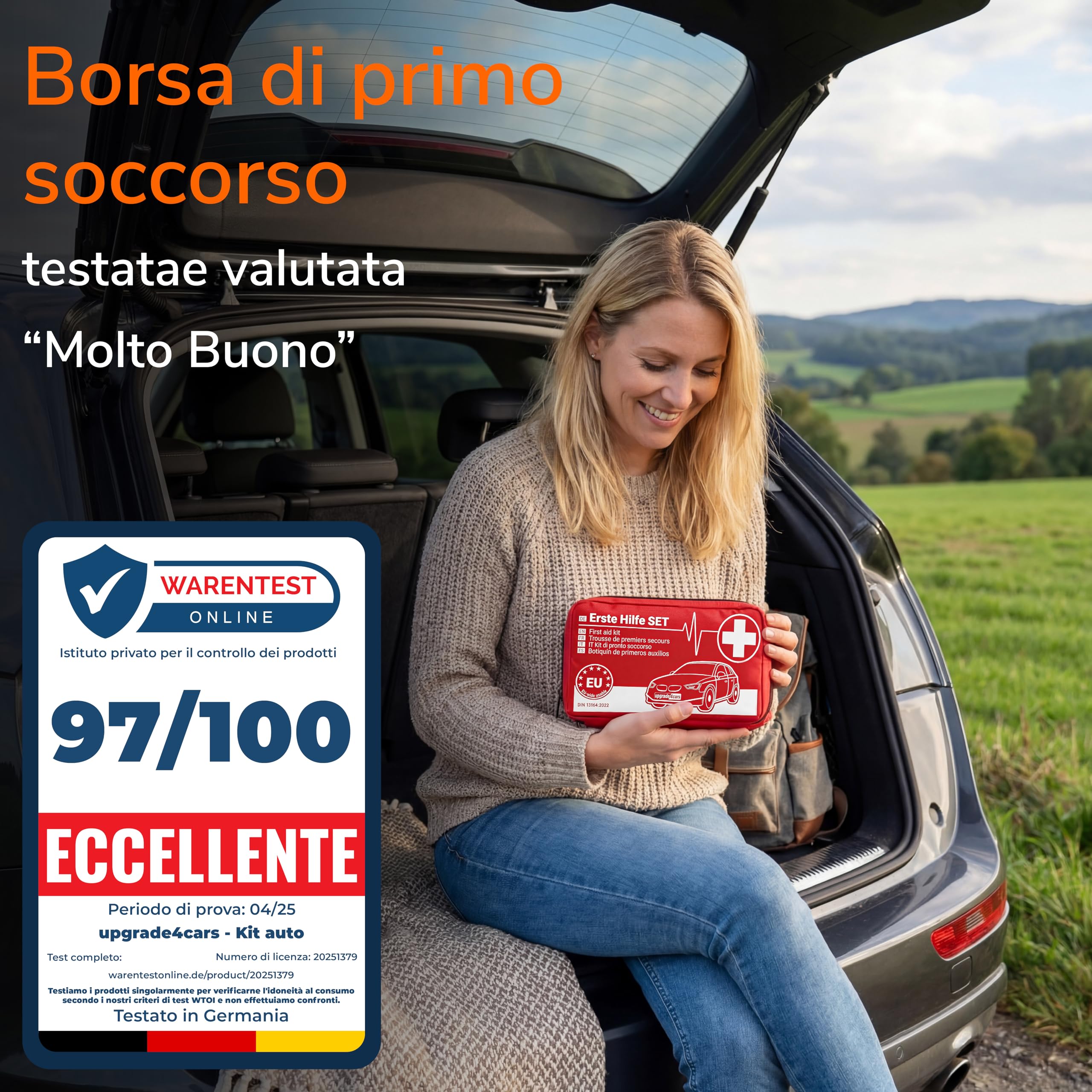 Upgrade4cars Kit di Primo Soccorso Auto 2026 DIN 13164 Set Valido in Tutta Europa | Borsa di Medicazione anche per Casa e in Viaggio