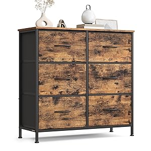 SONGMICS Cajonera con 6 cajones de tela, acero, MDF, tela no tejida, para dormitorio, armario, pasillo, sala de estar, marrón rústico y negro tinta LGS123BH04