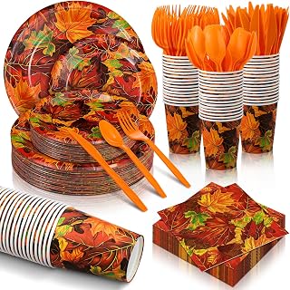 Yungyan 252 Pcs Fall Thanksgiving Maple Leaves Paper Plates and Napkins Set Maple Autumn Party Decorations Paper Plates Napkins Cups Knives Spoons Forks Party Dinnerware Serves 36 Guests