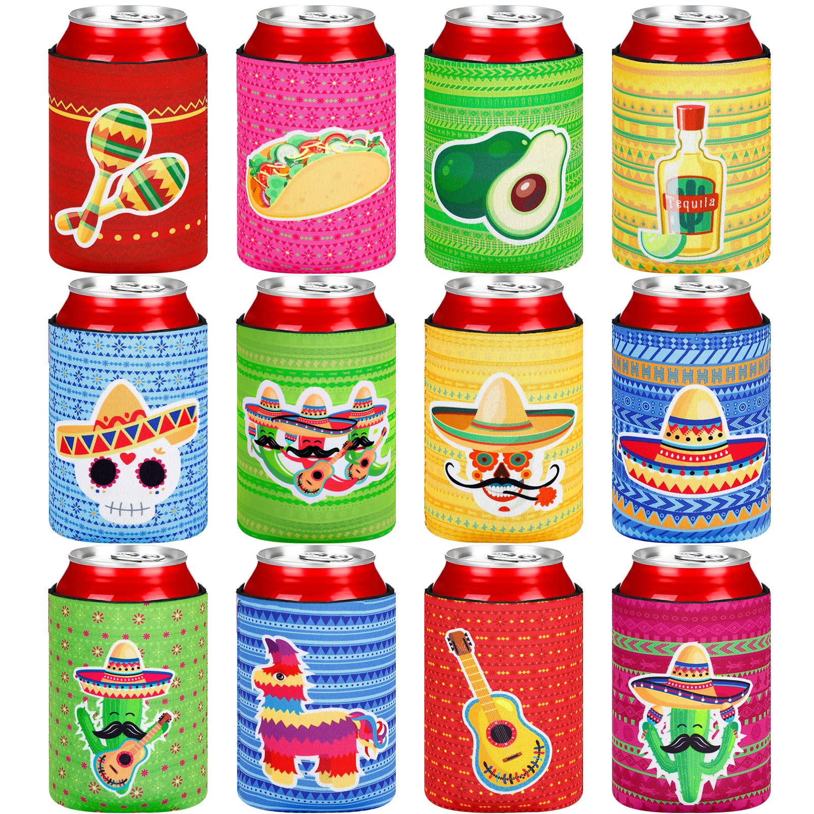 Shellwei 12 Pcs Mexican Taco Party Decorations Fiesta Can Cooler Sleeves for Soda Beer Beverages Cactus Cinco De Mayo Mexican Theme Birthday Party Supplies Favors(Regular Size)