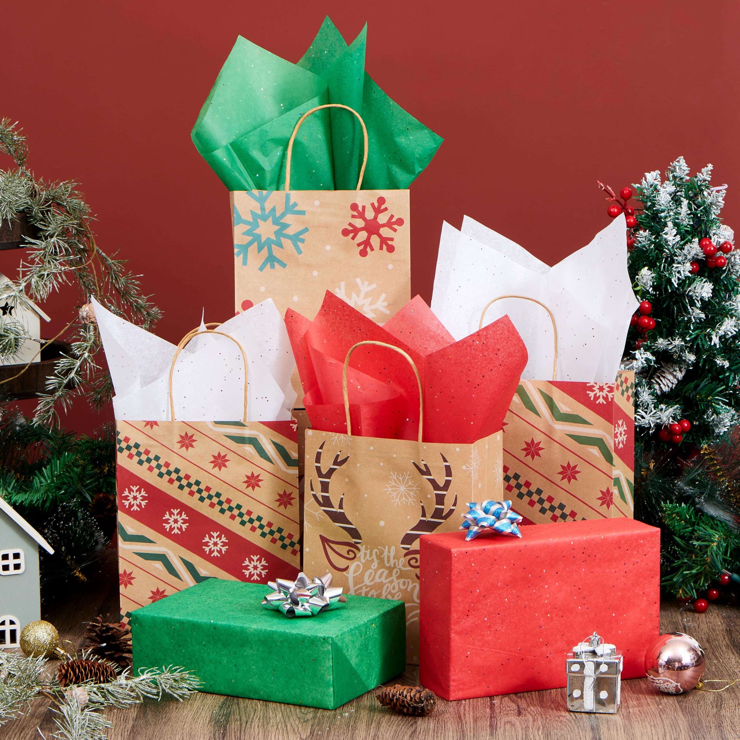JOYIN 72 fogli di carta velina glitterata per sacchetti regalo, carta velina rossa verde bianca per confezioni regalo, 50,8 x 50,8 cm, carta da regalo natalizia per confezioni regalo fai da te