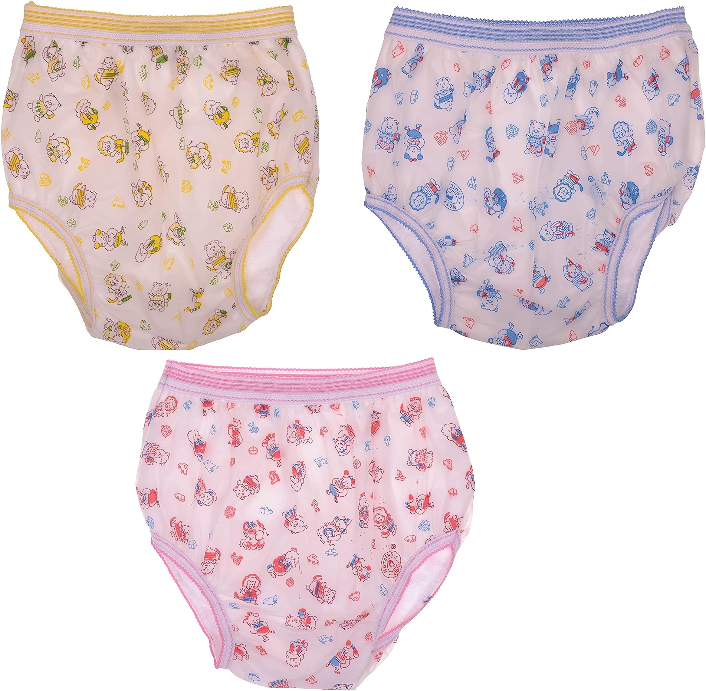 Mothers Choice® Waterproof PVC Plastic Panties / Washable Reusable Potty Training Pants with Inner High Absorbent Terry Fabric, Multi color, Large(6-9 Months)- Pack of 3