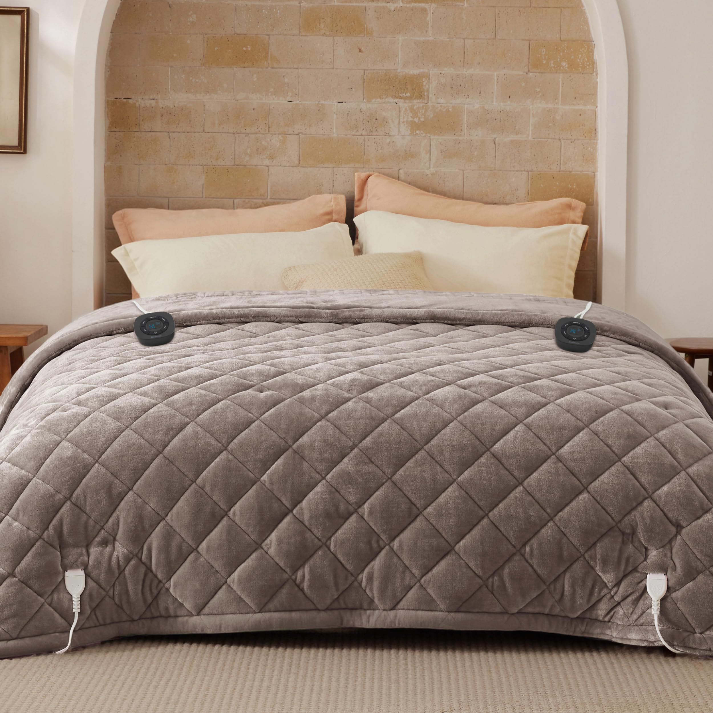 Bedsure Quilted Heated Blanket Queen Size, Filled for Extra Warmth, Taupe