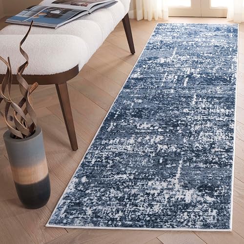 SAFAVIEH Amelia Collection Area Rug - 2'2' x 6' Runner, Ivory & Dark Blue, Modern Abstract Design, Non-Shedding & Easy C