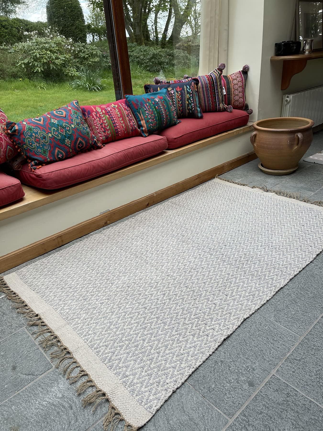 Second Nature OnlineMedium Greta Pale Grey Herringbone Rug with Soft Flat Weave Natural Cotton Jute Yarn 120 cm x 180 cm