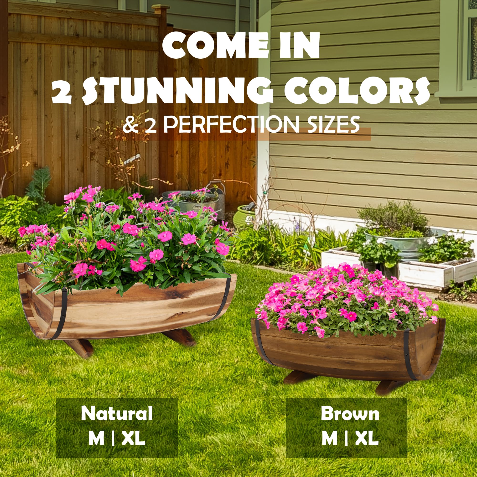 Snapklik.com : Solid Acacia Wood Half Barrel Planters Outdoor Set Of 2 ...