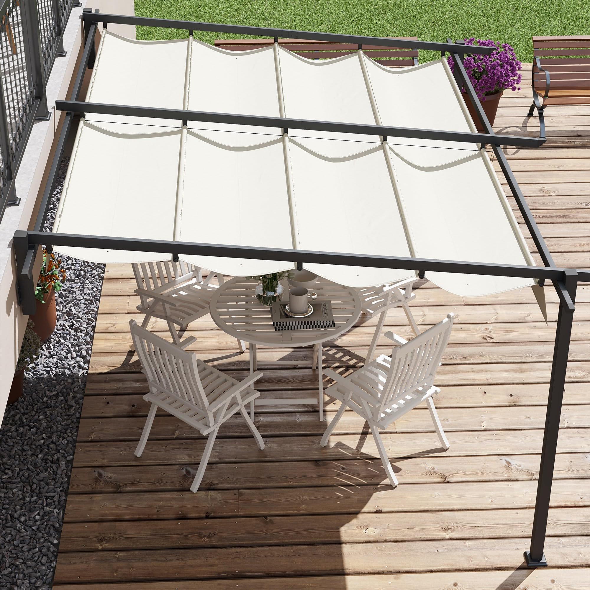 Outsunny Pérgola de Pared 4x3 m Cenador de Jardín con Techo Retráctil de Poliéster y Marco de Acero para Celebraciones Fiestas Bodas Crema y Gris Oscuro | Cenador de Jardín, Techo de Poliéster, Marco de Acero, para Celebraciones Fiestas Bodas