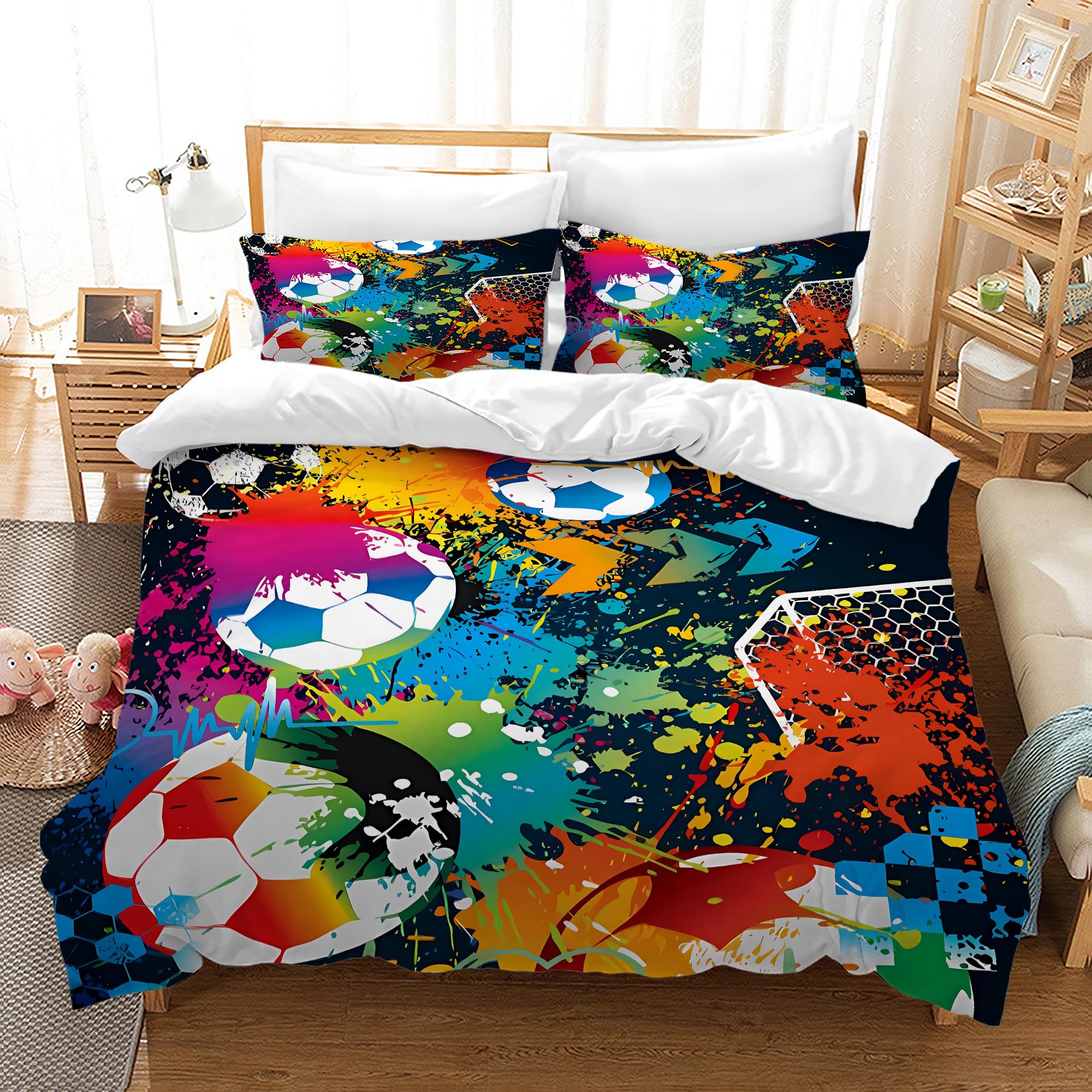 AVJWWD Football Sport Bedding Duvet Cover Set Soft Microfiber Soccer Pattern Bedding Set with Zipper Closure and 2 Pillowcases for Kids Adults (Football B, 220x240cm)