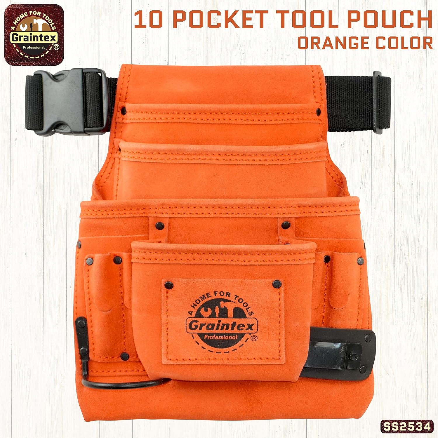 Graintex SS2534 :: 10 Pocket Nail & Tool Pouch Orange Color Suede Leather with 2” Webbing Belt for Constructors, Electricians, Plumbers, Handymen
