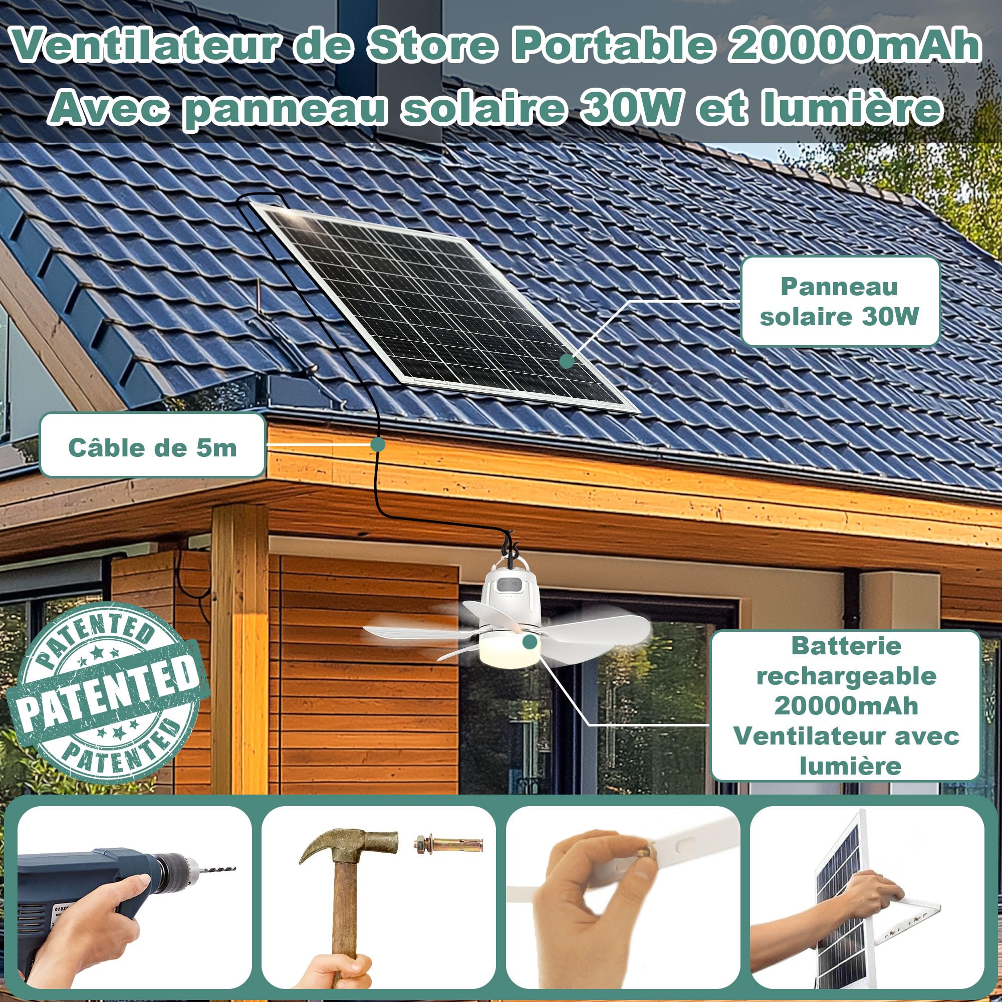Ventilateur Solaire avec Lumière, Lampe Plafond de Pavillon, Panneau Solaire et Télécommande pour Terrasse, Parasol, Atelier, Gazebo