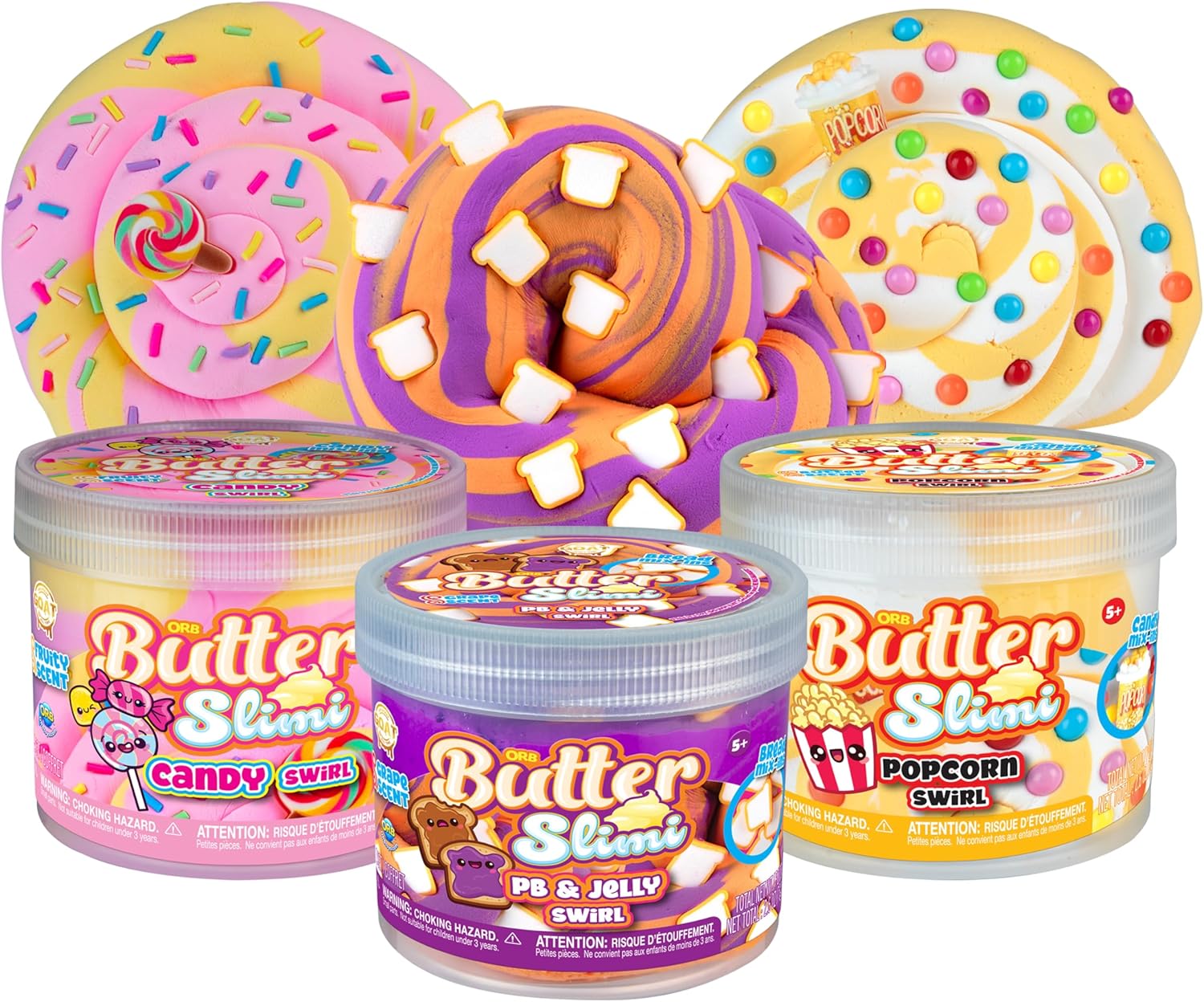 ORB GOAT Fluffy Butter Slime Snack Box 3 Pack Kit - Smooth Soft Fluffy Scented Popcorn, Peanut Butter Jelly, Candy Swirl ORB Butter Slimes For Kids - Party Favors Gifts with Resealable Slime Container