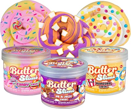 ORB GOAT Fluffy Butter Slime Snack Box 3 Pack Kit - Smooth Soft Fluffy Scented Popcorn, Peanut Butter Jelly, Candy Swirl ORB Butter Slimes For Kids - Party Favors Gifts with Resealable Slime Container
