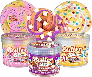 ORB GOAT Fluffy Butter Slime Snack Box 3 Pack Kit - Smooth Soft Fluffy Scented Popcorn, Peanut Butter Jelly, Candy Swirl ORB Butter Slimes For Kids - Party Favors Gifts with Resealable Slime Container