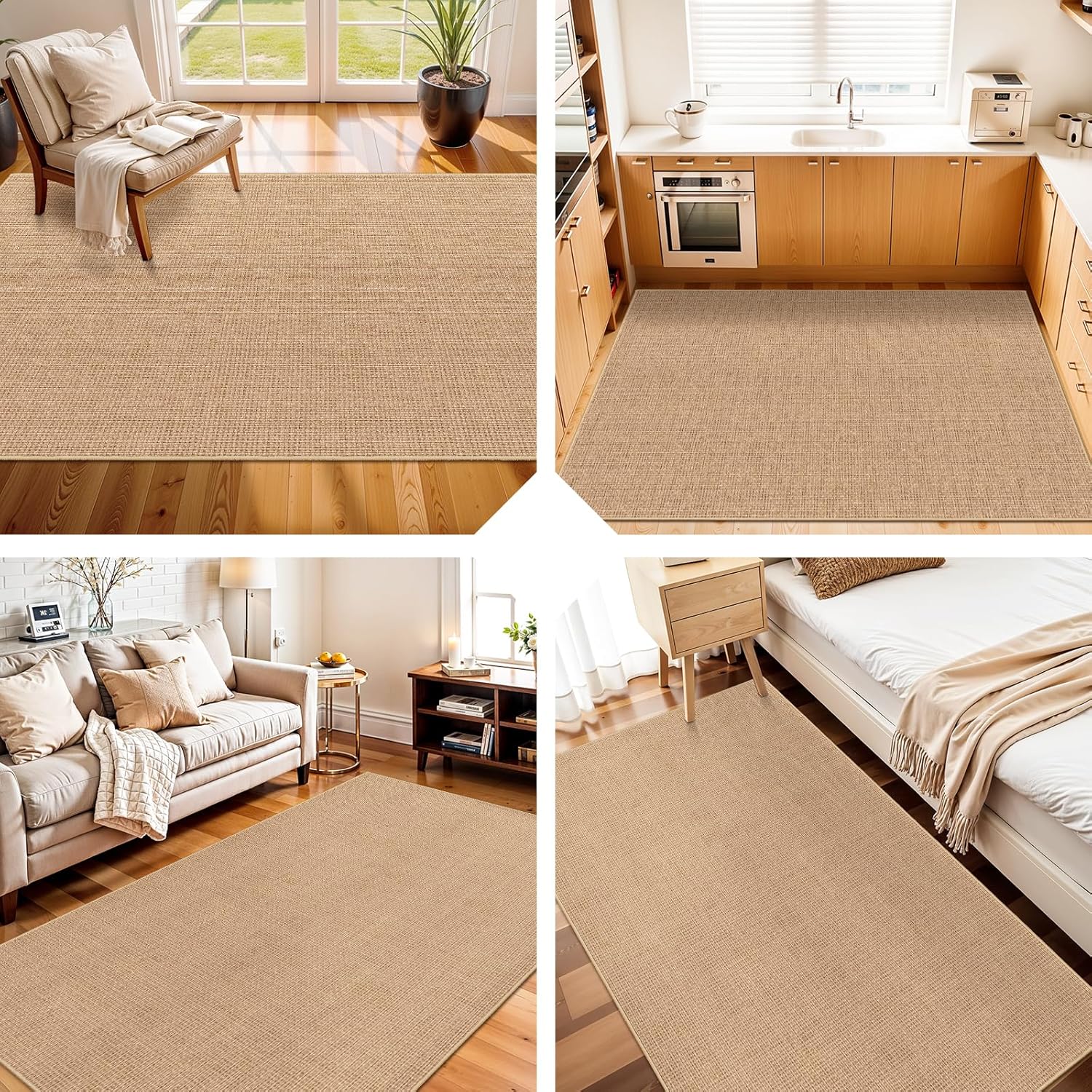 3x5 No Shed Jute Rug: Machine Washable Non Slip Rugs for Entryway Front Porch Kitchen - Door Mat Area Rug Farmhouse Neutral Non Shedding - Carpet for Bedroom Living Room (Beige,3x5)