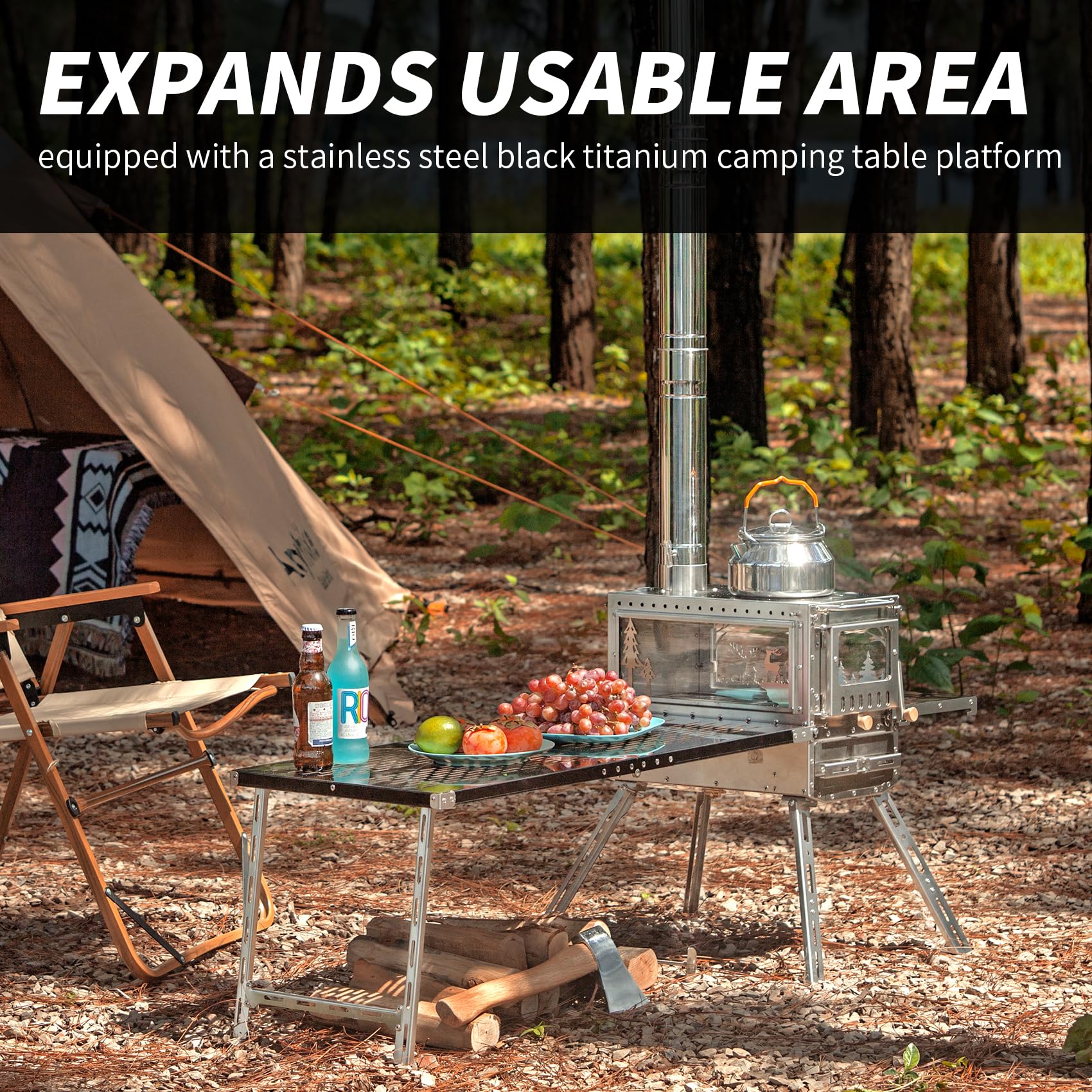 Estufa de leña, estufa de leña, estufa de tienda de campaña caliente, estufa de campamento portátil de acero inoxidable con horno y mesa de campamento y 6 tubos de chimenea para exteriores, camping 3