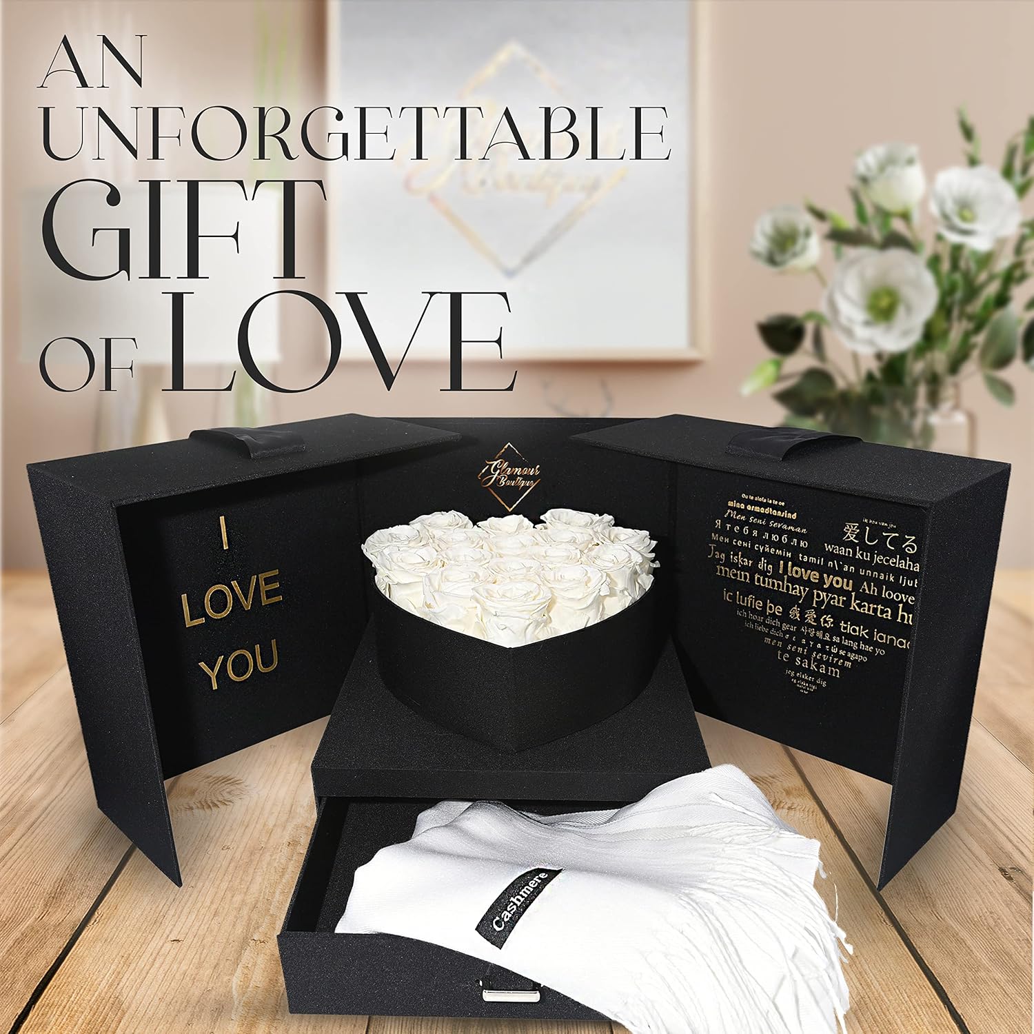 GLAMOUR BOUTIQUE Open Heart Love Box with 16 Preserved Roses - Enchanted Flower, Gifts for Her, Mom, & Daughter, 9.45" x 9.45" x 8.6" (White) (Color-Treated)