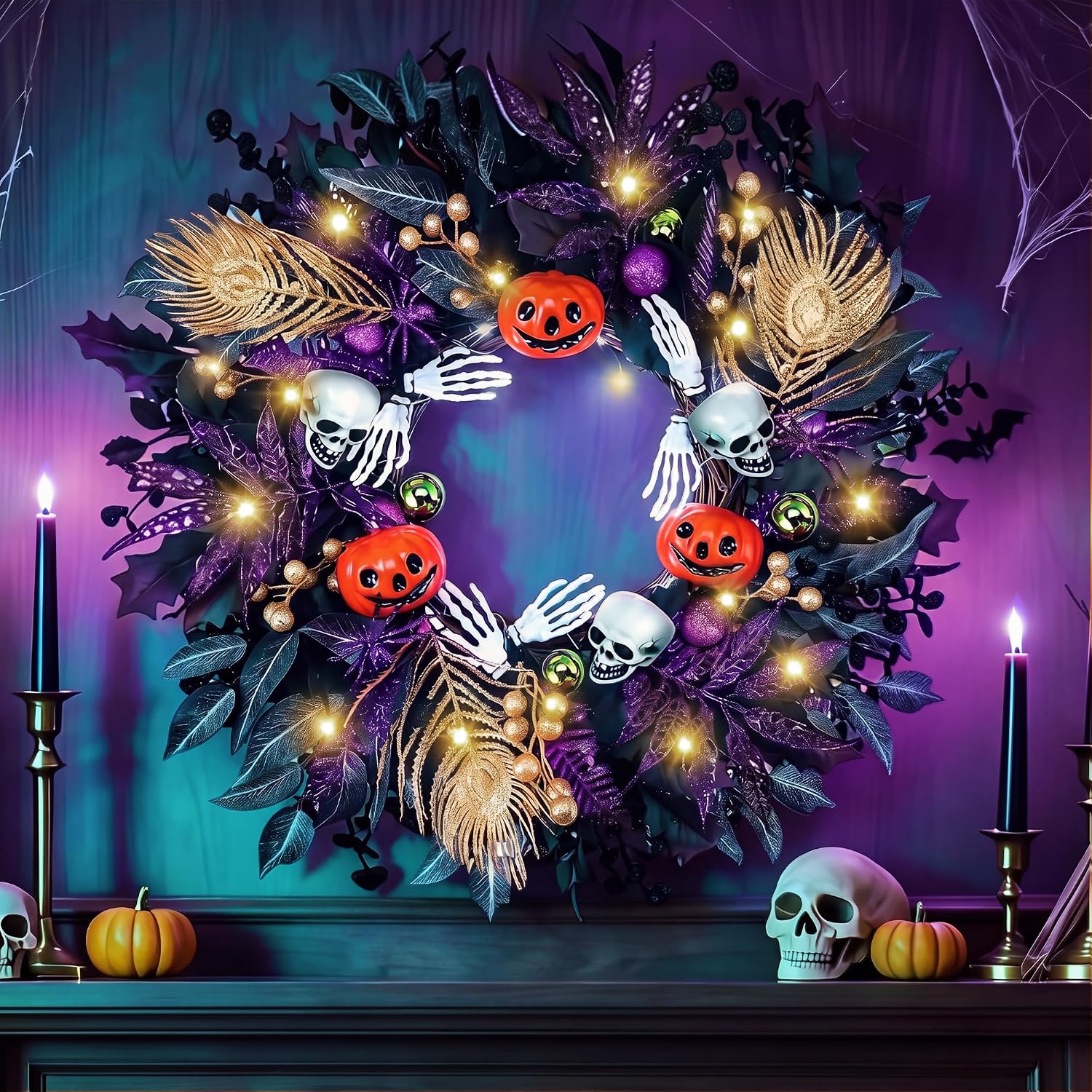 Aneco 24 Inch Halloween Wreath for Front Door with Lights Pre-Lit Gothic Pumpkin Wreath Halloween Decorations for Home Porch Table Centerpiece Window Wall Holiday Party Decor