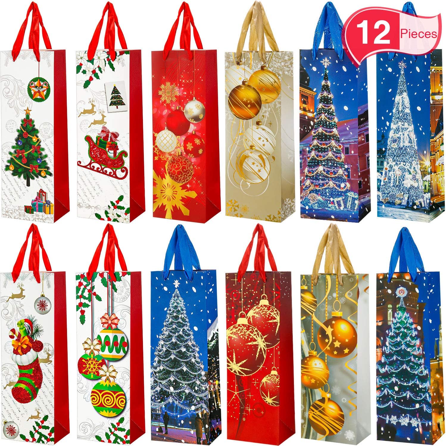 Outus 12 Pieces Christmas Wine Bottle Gift Bags Wine Bags with Ribbon Handle Wine
