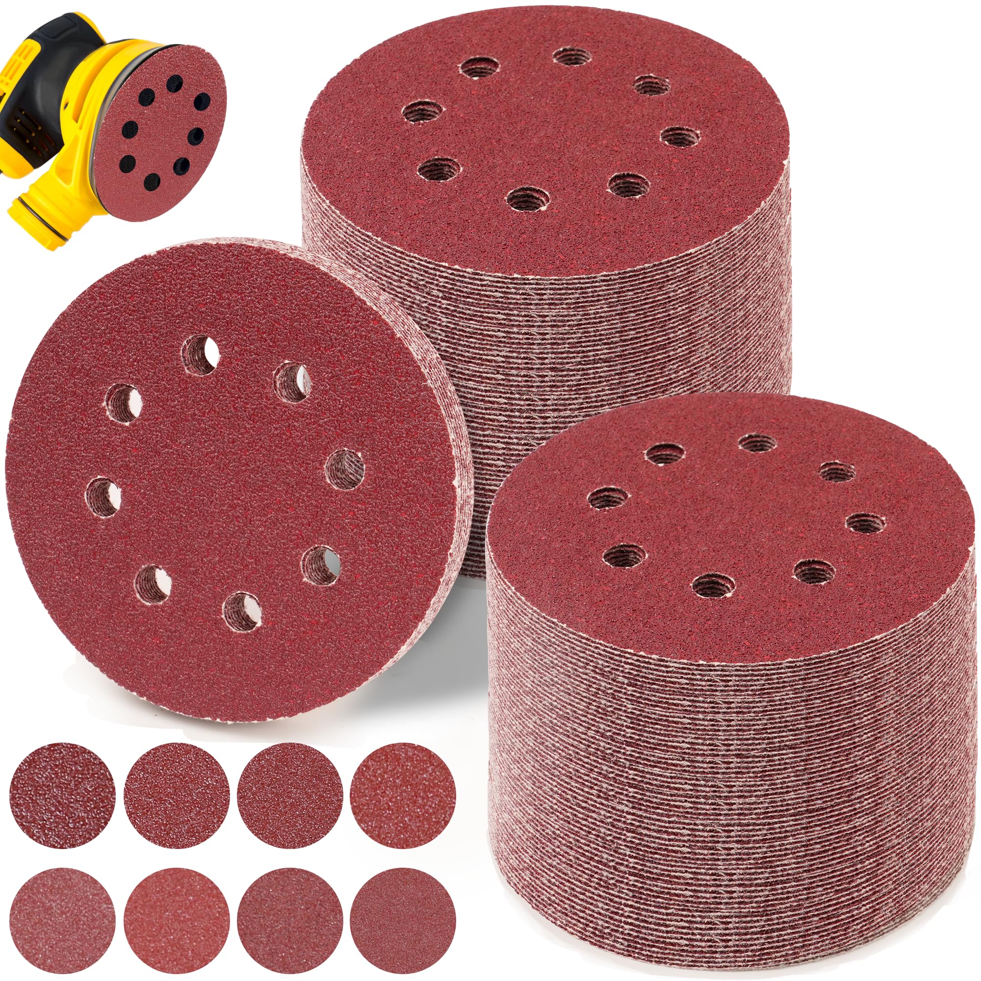 100 sztuk papieru ściernego, mocowane na rzep krążki szlifierskie 5 w 8 otworów, P40/P60/P80/P120/P180/P240/P320/P400, szlifierka ścienna do drewna, metalu, tworzywa sztucznego, akcesoria do
